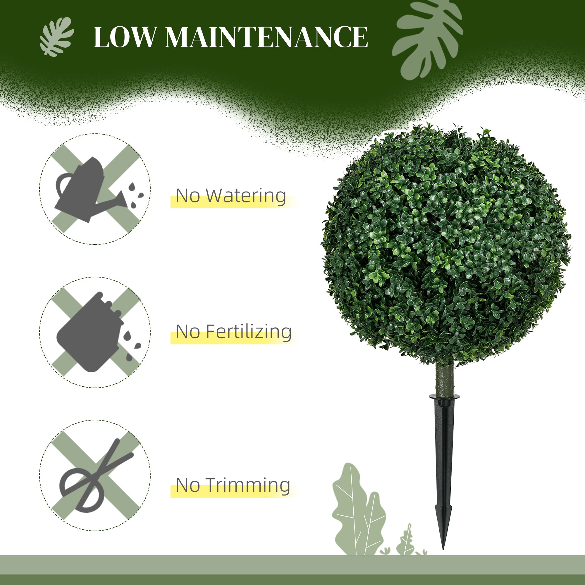 Set of 2 Artificial Boxwood Trees w/ Ground Stake, Ball Shaped Trees, UV Resistant, Green