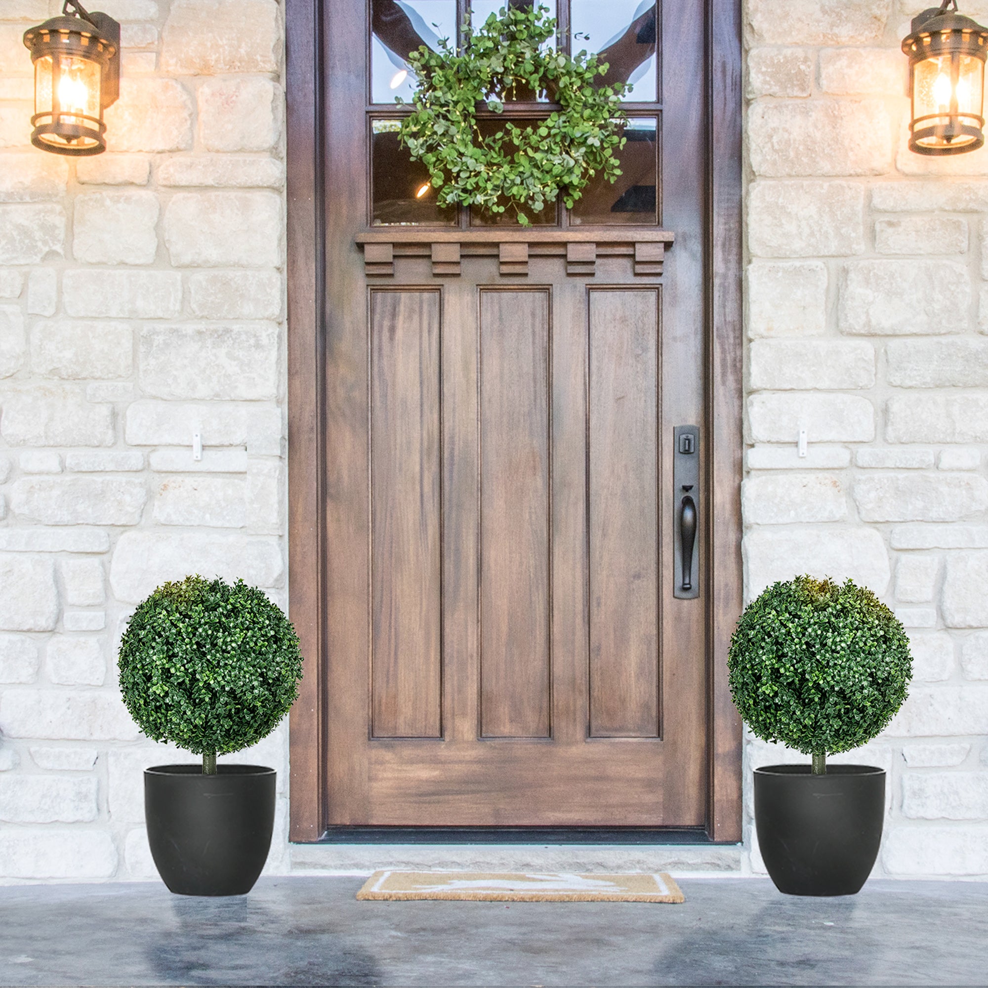 Set of 2 Artificial Boxwood Trees w/ Ground Stake, Ball Shaped Trees, UV Resistant, Green