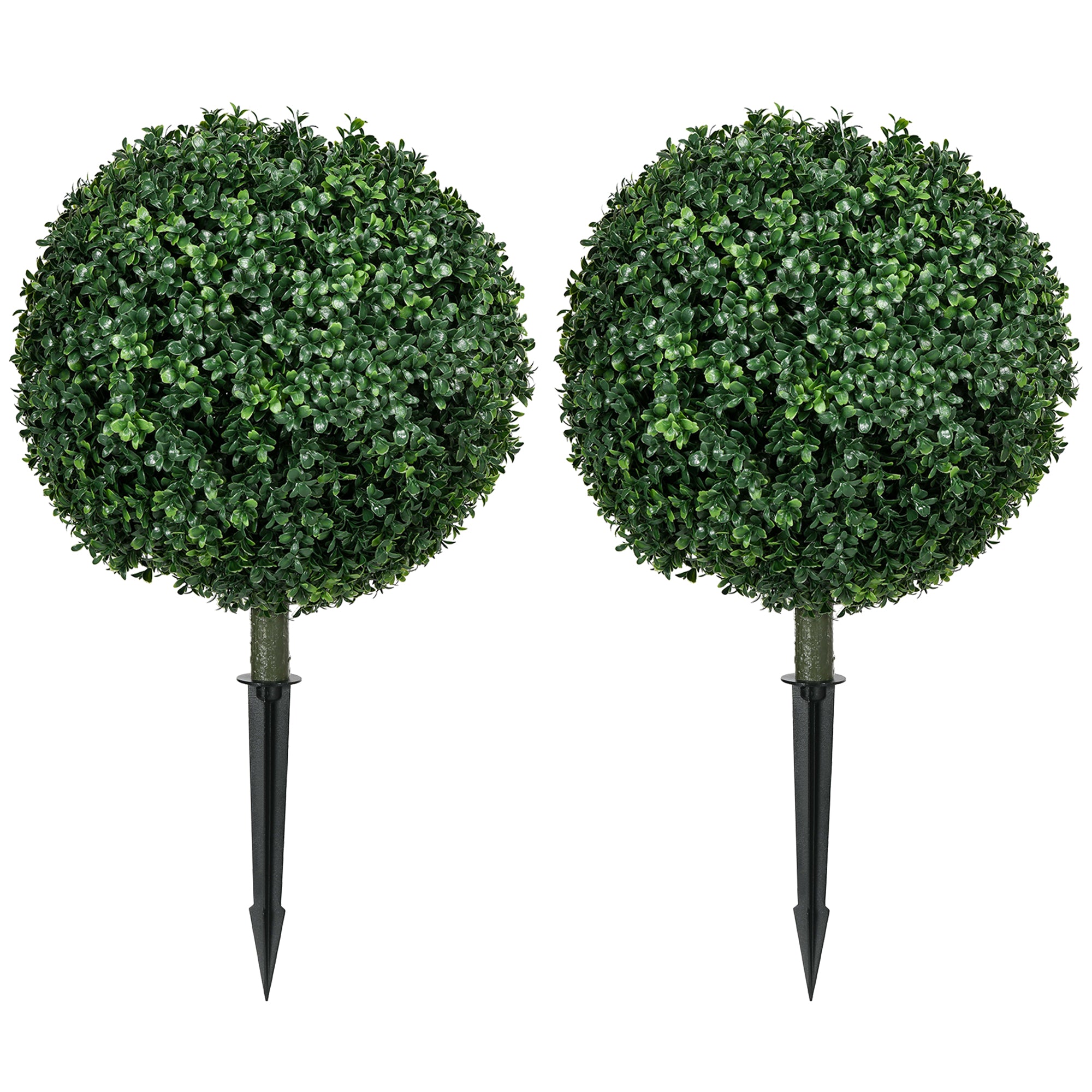 Set of 2 Artificial Boxwood Trees w/ Ground Stake, Ball Shaped Trees, UV Resistant, Green