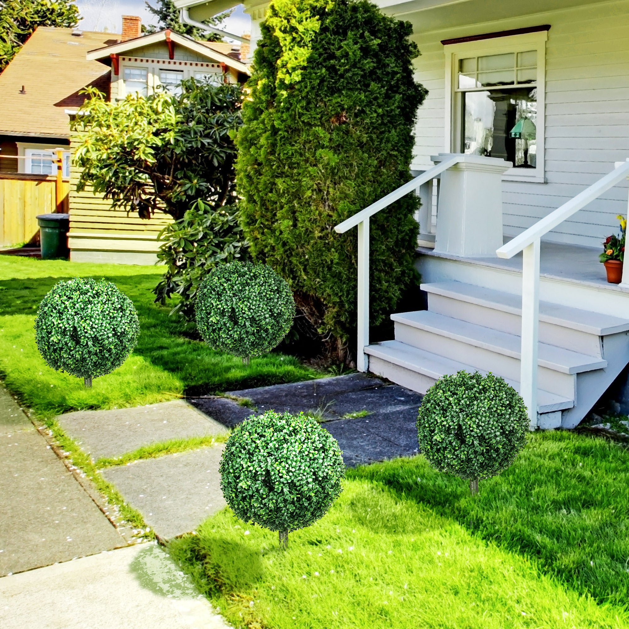 Set of 2 Artificial Boxwood Trees w/ Ground Stake, Ball Shaped Trees, UV Resistant, Green