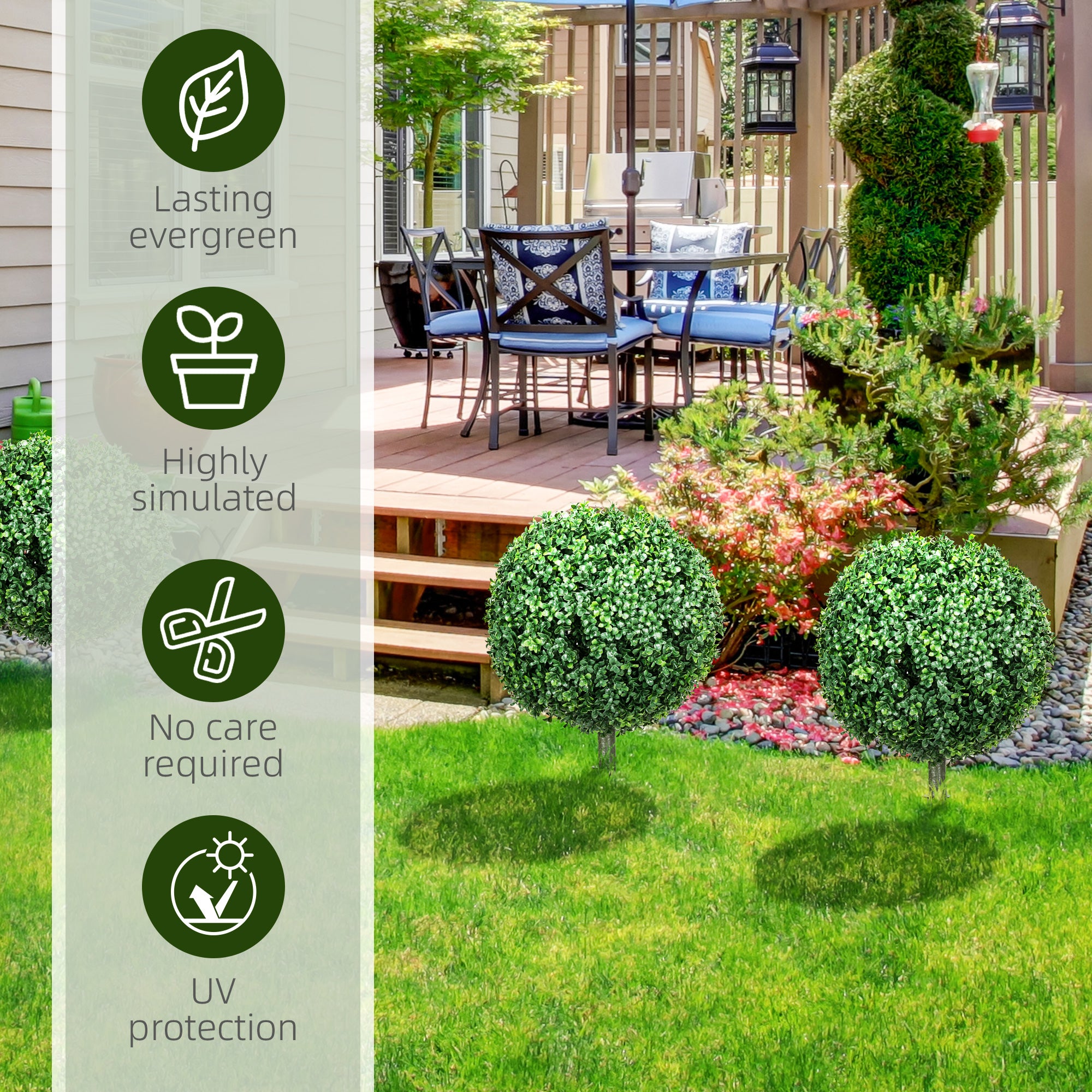 Set of 2 Artificial Boxwood Trees w/ Ground Stake, Ball Shaped Trees, UV Resistant, Green
