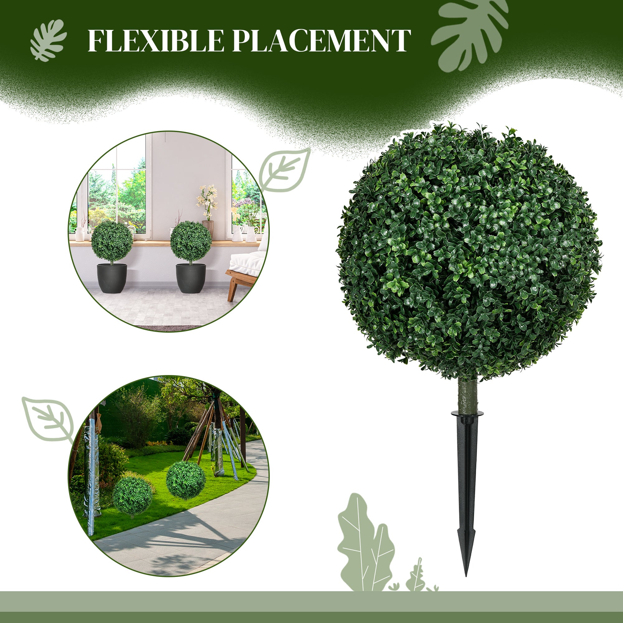 Set of 2 Artificial Boxwood Trees w/ Ground Stake, Ball Shaped Trees, UV Resistant, Green
