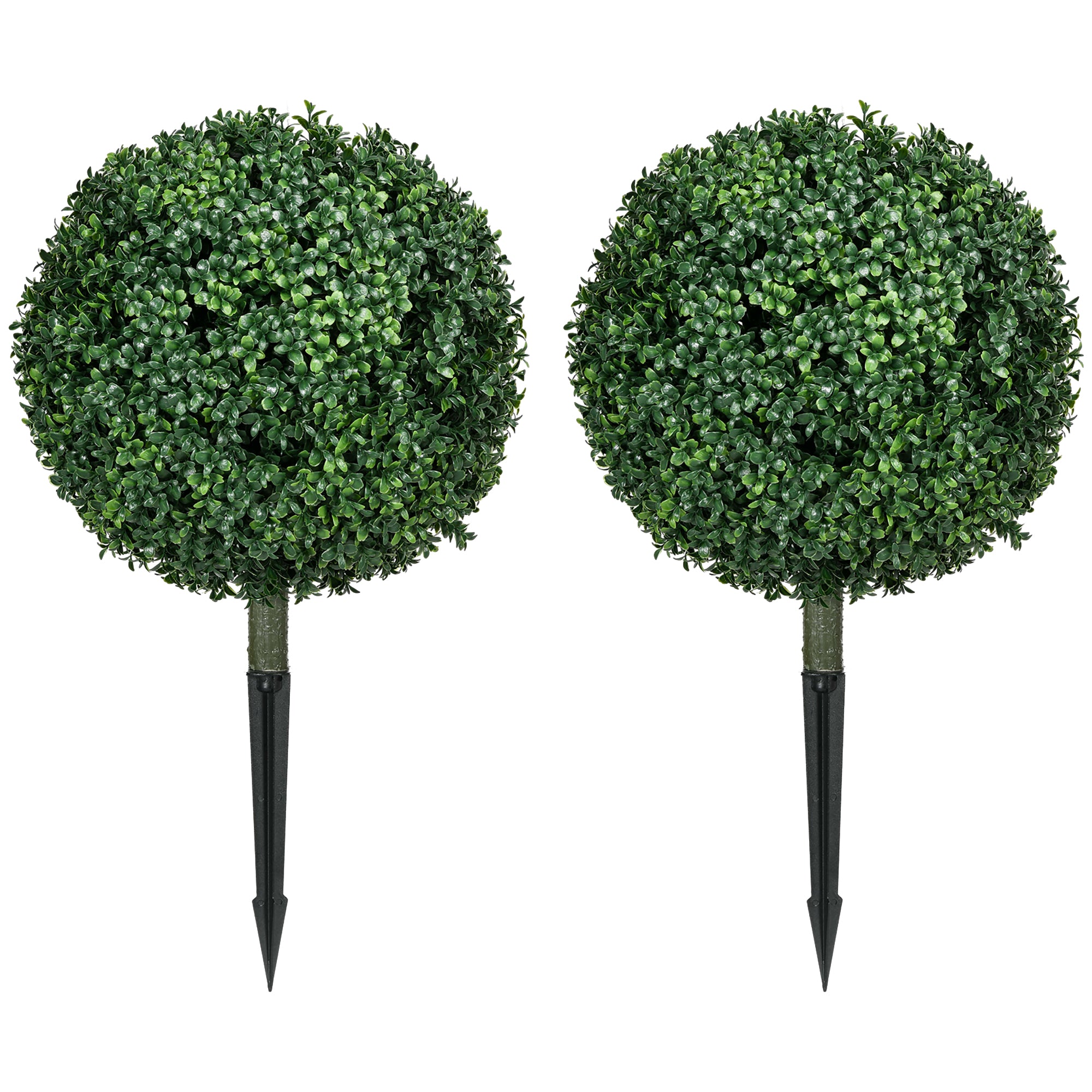 Set of 2 Artificial Boxwood Trees w/ Ground Stake, Ball Shaped Trees, UV Resistant, Green