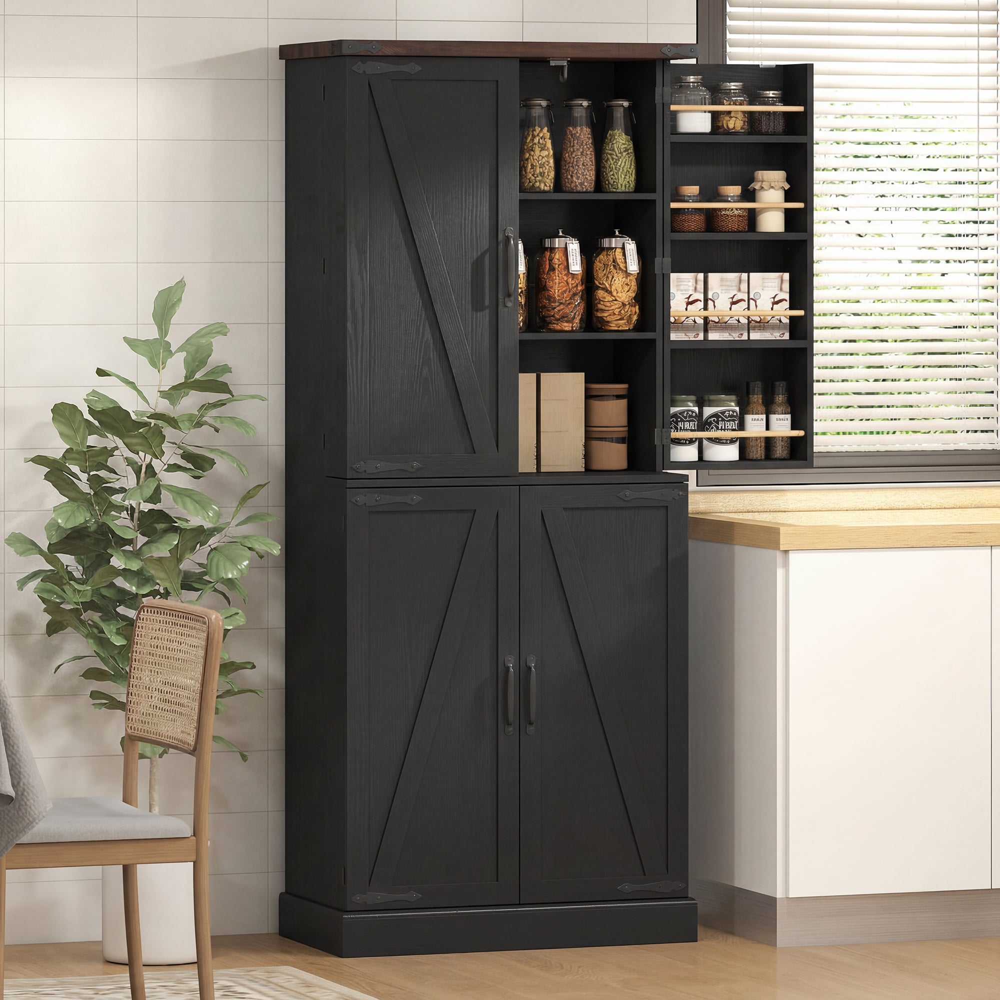 72" Tall Kitchen Pantry Cabinet, Farmhouse Storage Cabinet with 8 Door Racks and Drawer, Freestanding Food Pantry with Adjustable Shelves and Barn Doors, Black