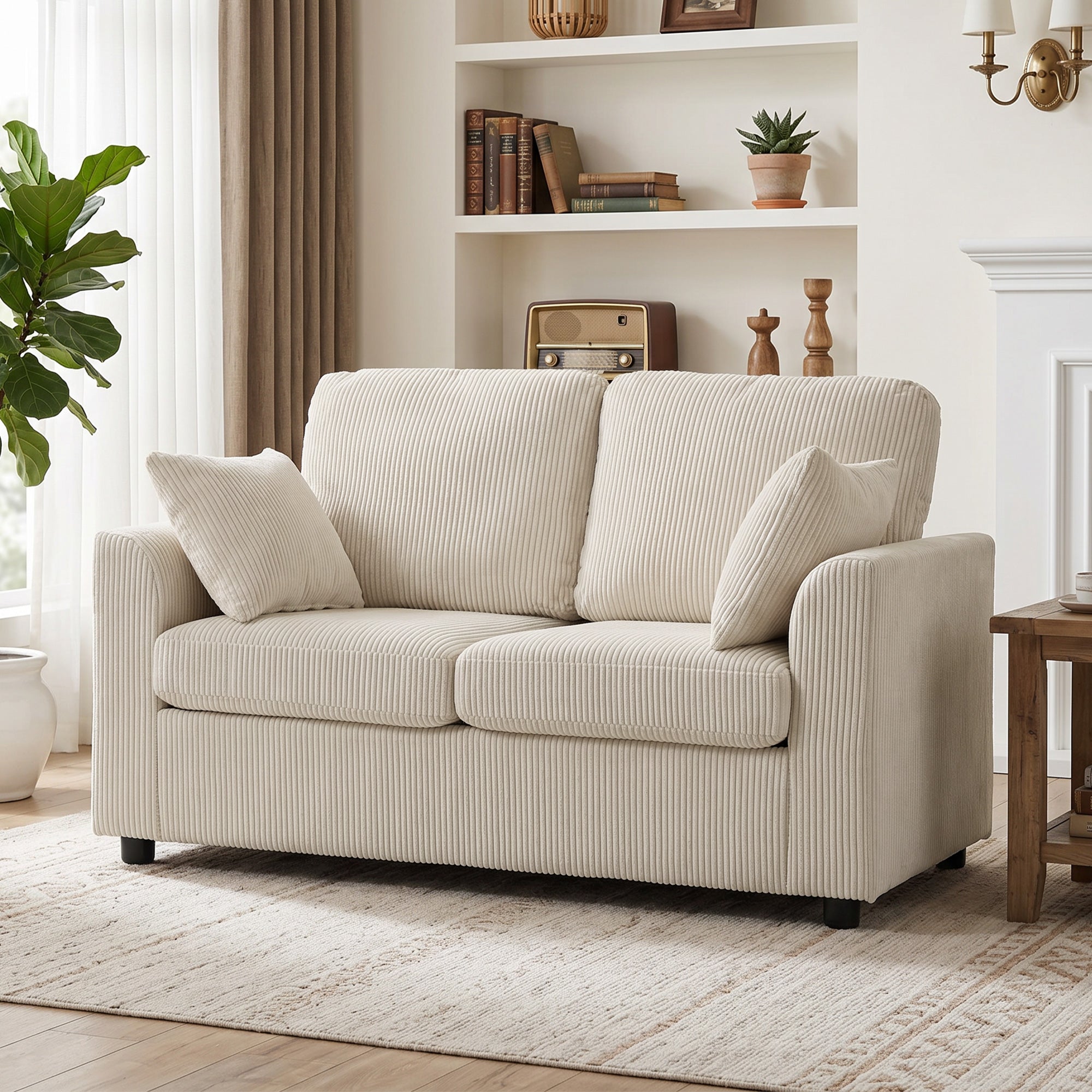2 Seater Sofa, 144cm Corduroy Small Couch with Spring Cushion, Wide and Deep Seat, Plush Backrest, 2 Pillows, Loveseat Sofa Settee for Small Space, Living Room, Bedroom, Home Office, Beige