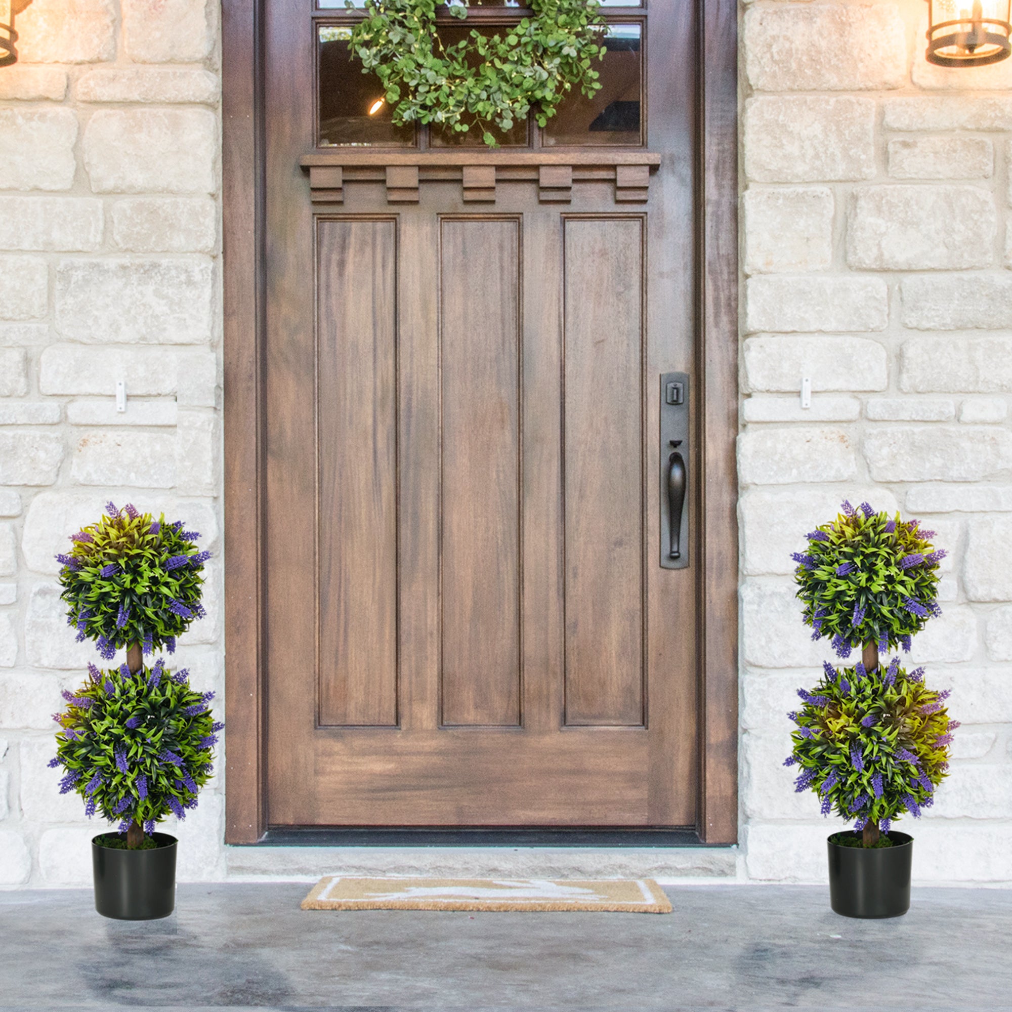 HOMCOM Set of 2 Decorative Artificial Plants Ball Trees with Lavender Flowers in Pot Fake Plants for Home Indoor Outdoor Decor, 70cm