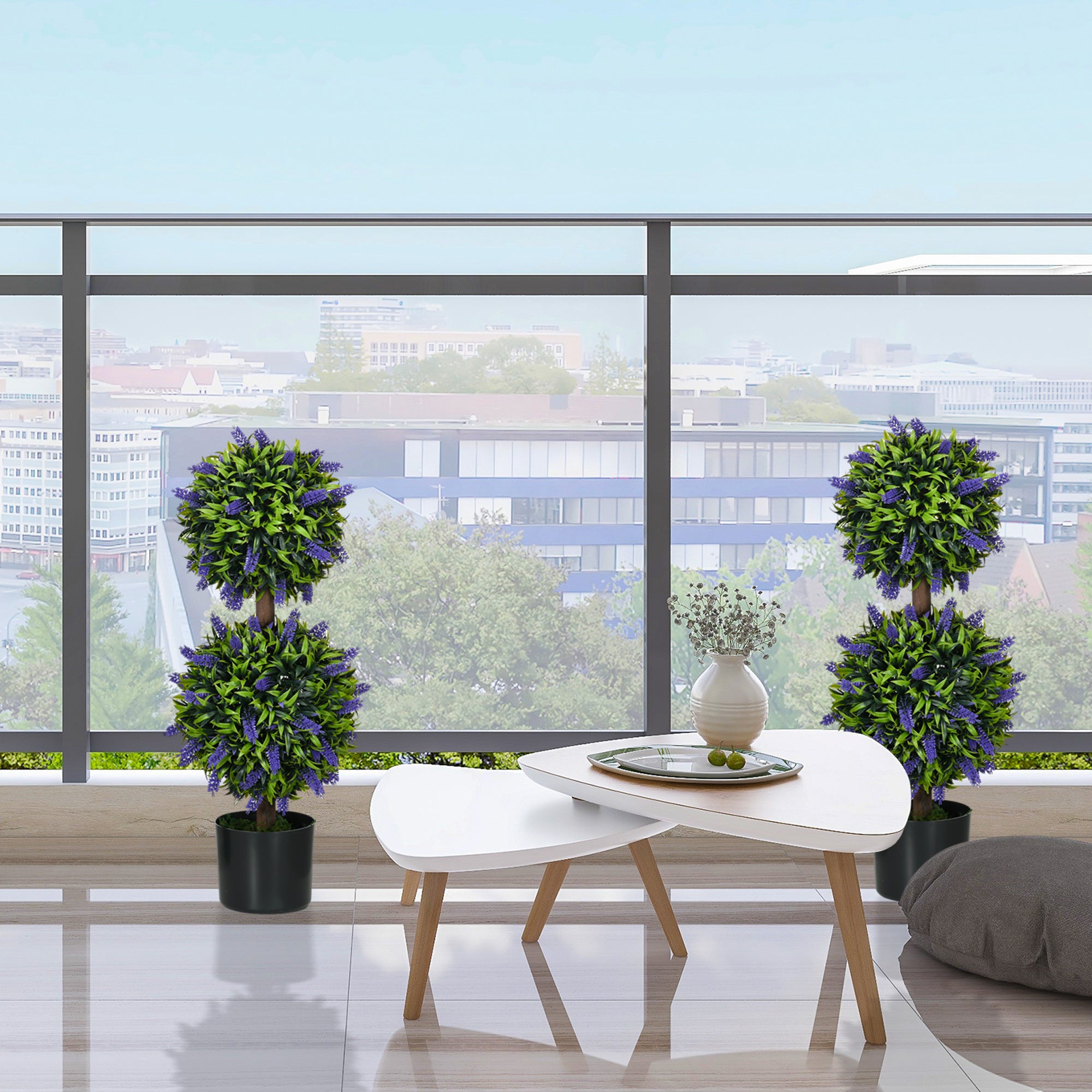 HOMCOM Set of 2 Decorative Artificial Plants Ball Trees with Lavender Flowers in Pot Fake Plants for Home Indoor Outdoor Decor, 70cm