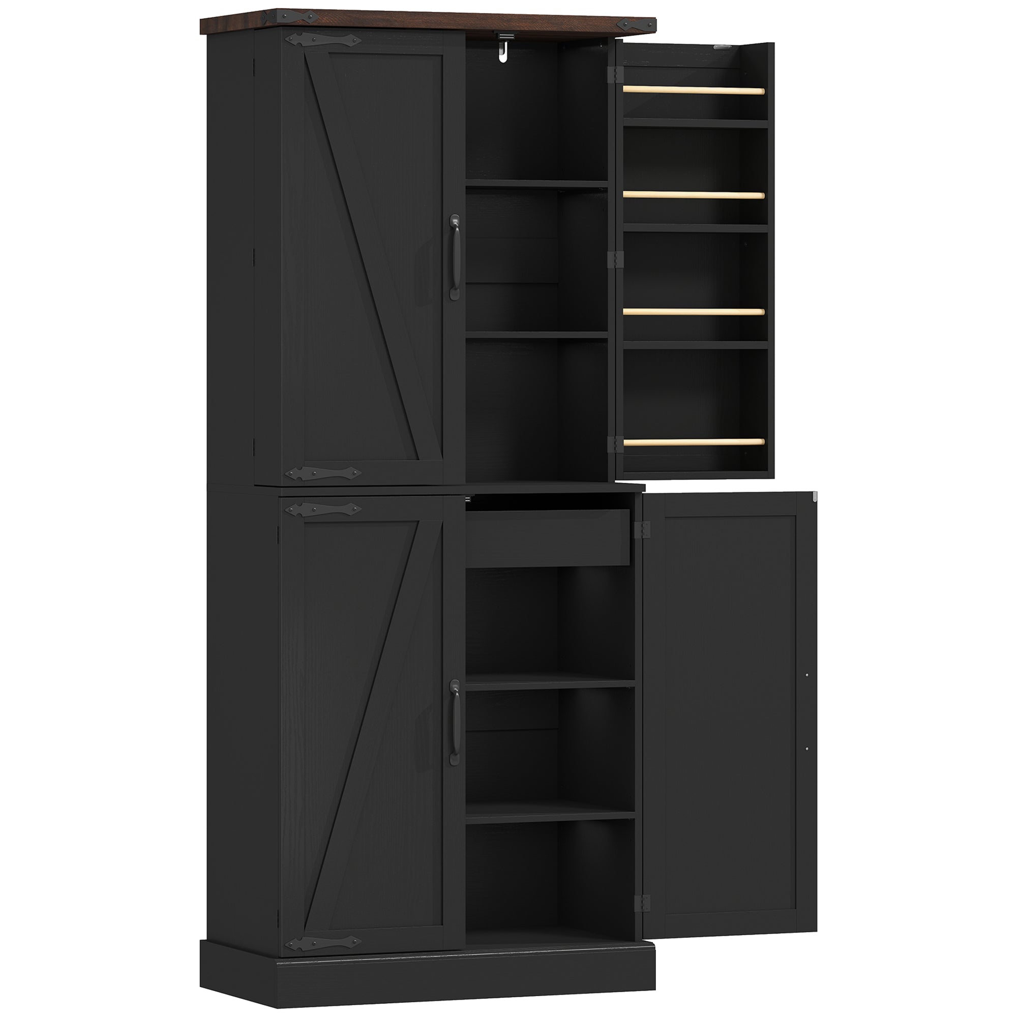 72" Tall Kitchen Pantry Cabinet, Farmhouse Storage Cabinet with 8 Door Racks and Drawer, Freestanding Food Pantry with Adjustable Shelves and Barn Doors, Black