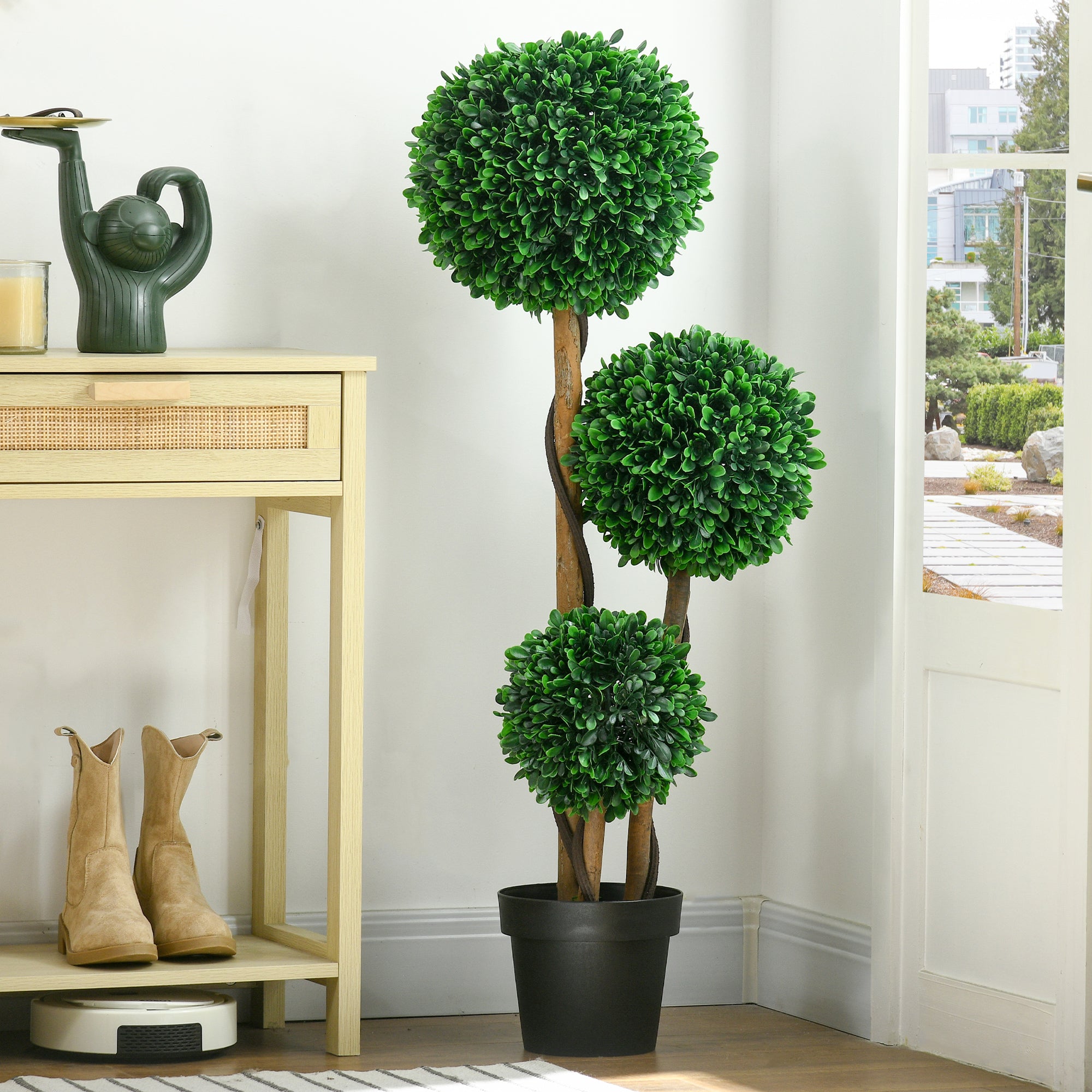 3.5ft Artificial Tree, Triple Ball Boxwood Topiary with Pot and Sandalwood Leaves