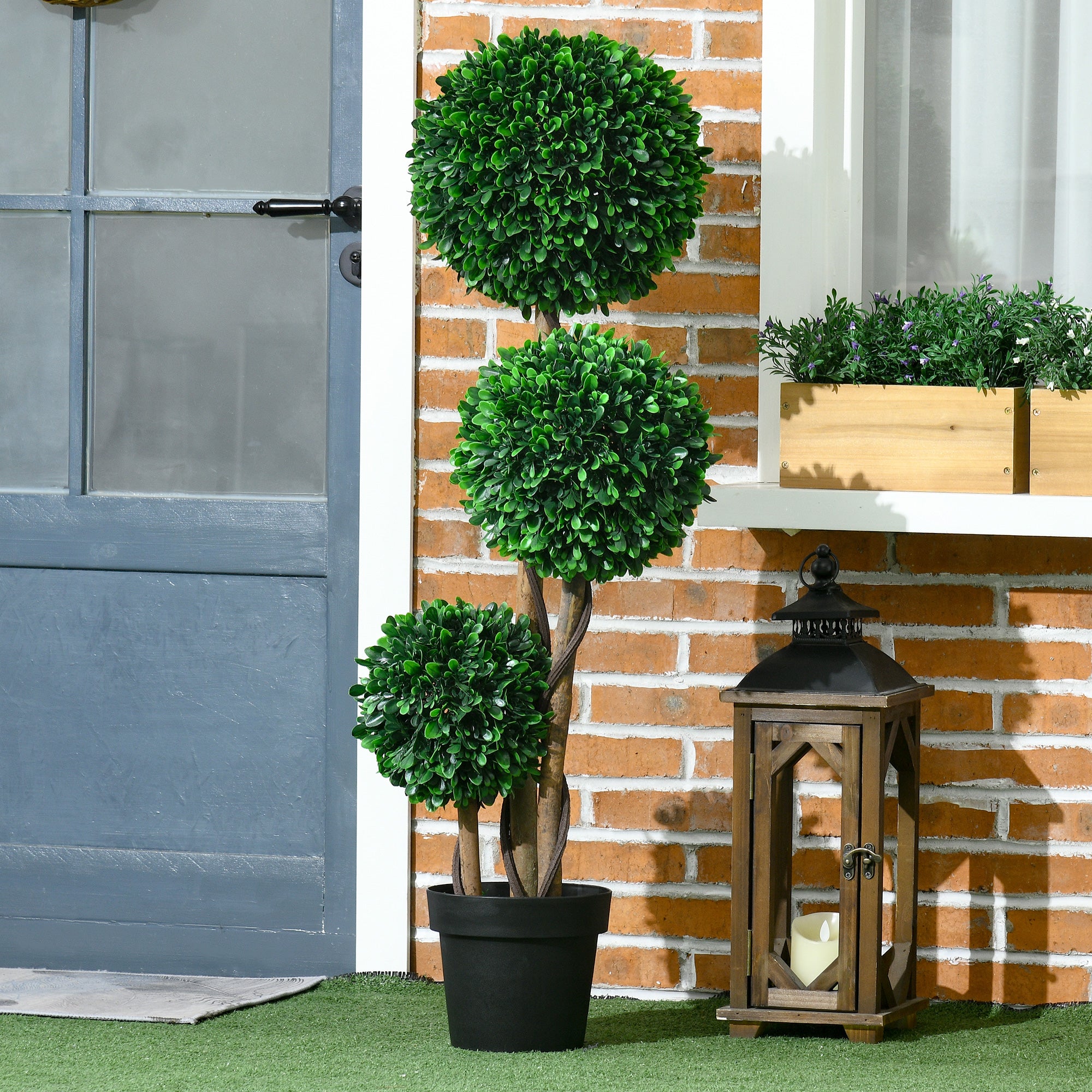 3.5ft Artificial Tree, Triple Ball Boxwood Topiary with Pot and Sandalwood Leaves