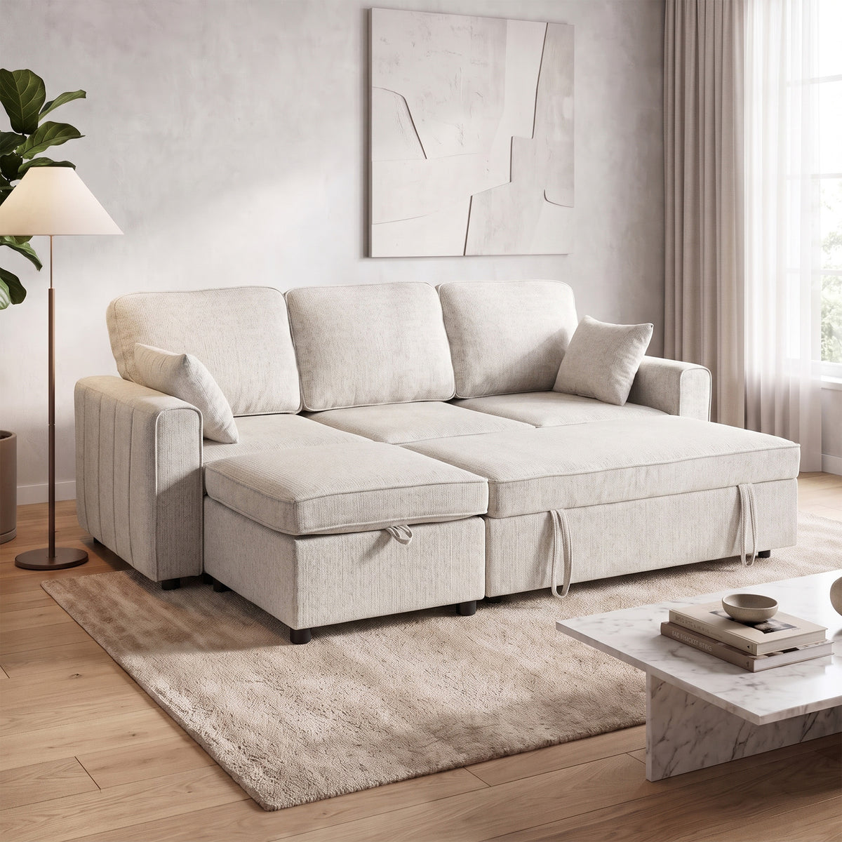 Modular Sectional Sofa Bed with Reversible Storage Ottoman, Chenille Pull Out Sleeper Sofa with Spring Cushion, Wide and Deep Seat, 3 Seater Couch for Living Room, Beige