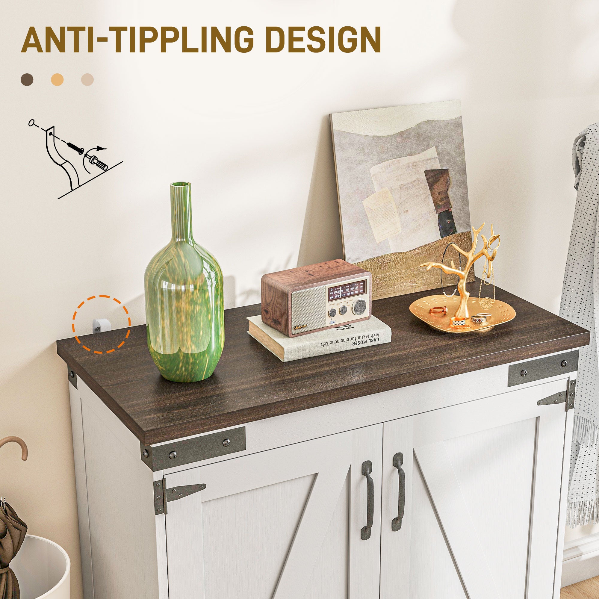 Kitchen Buffet Cabinet with Barn Door and Adjustable Shelf, Distressed White & Brown