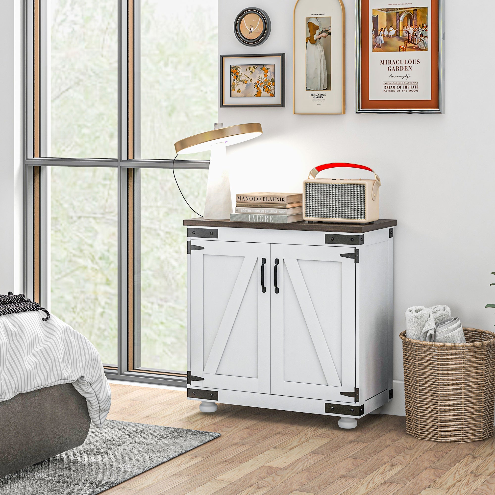 Kitchen Buffet Cabinet with Barn Door and Adjustable Shelf, Distressed White & Brown