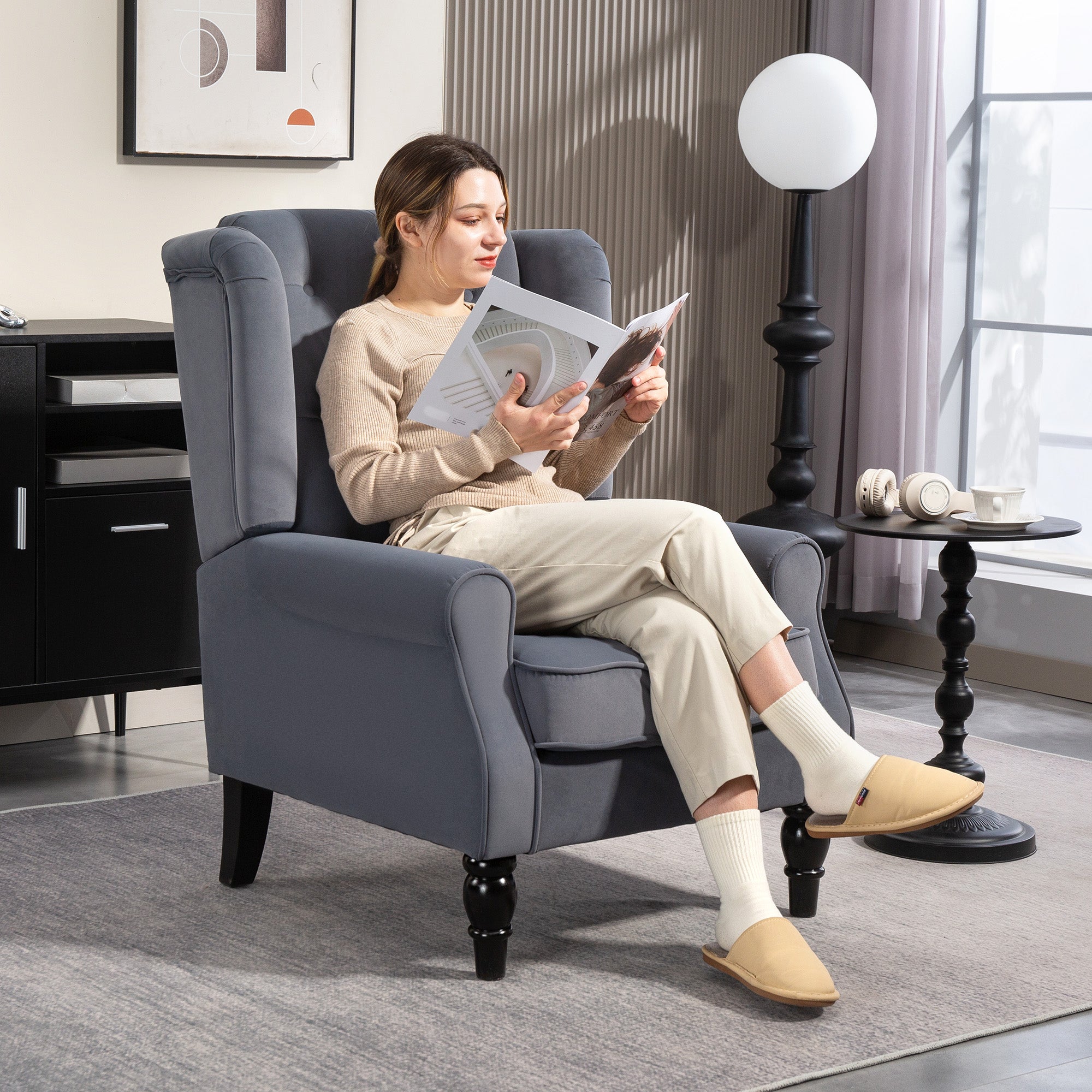 Retro Accent Chair, Velvet Wingback Armchair with Wood Frame Button Tufted Design for Living Room Bedroom, Grey