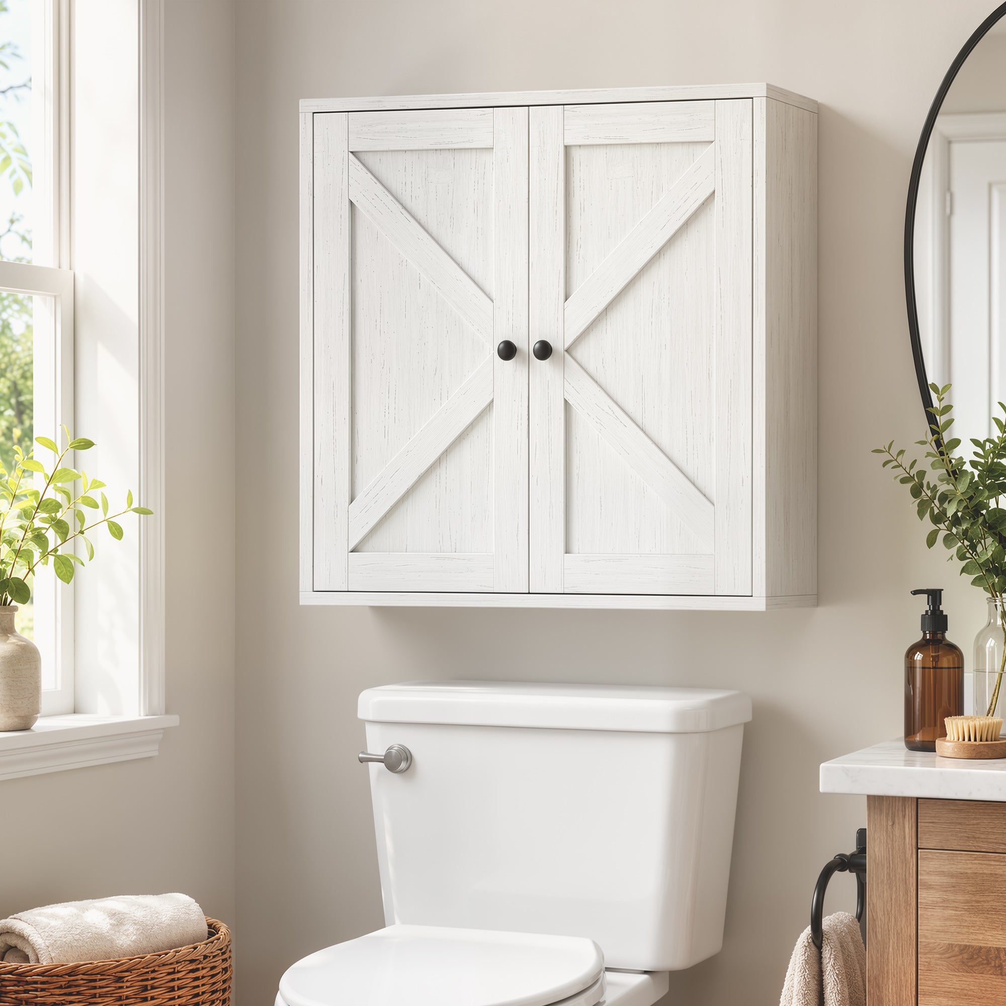 Bathroom Wall Cabinet, Farmhouse Medicine Cabinet, Over The Toilet Space Saver with 2 Shelves, Adjustable Shelf, Barn Doors for Bathroom, Laundry Room, White Wood Grain