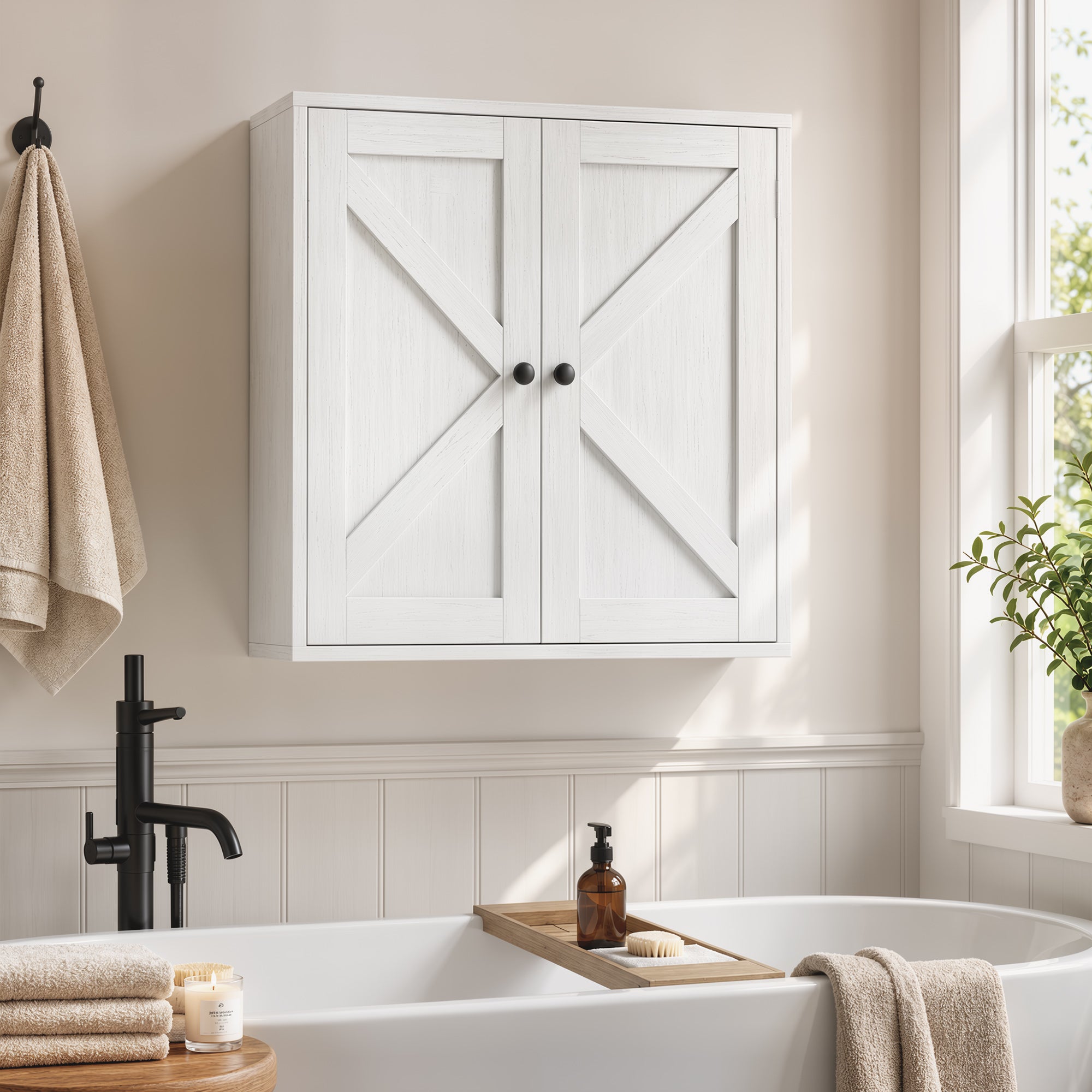 Bathroom Wall Cabinet, Farmhouse Medicine Cabinet, Over The Toilet Space Saver with 2 Shelves, Adjustable Shelf, Barn Doors for Bathroom, Laundry Room, White Wood Grain
