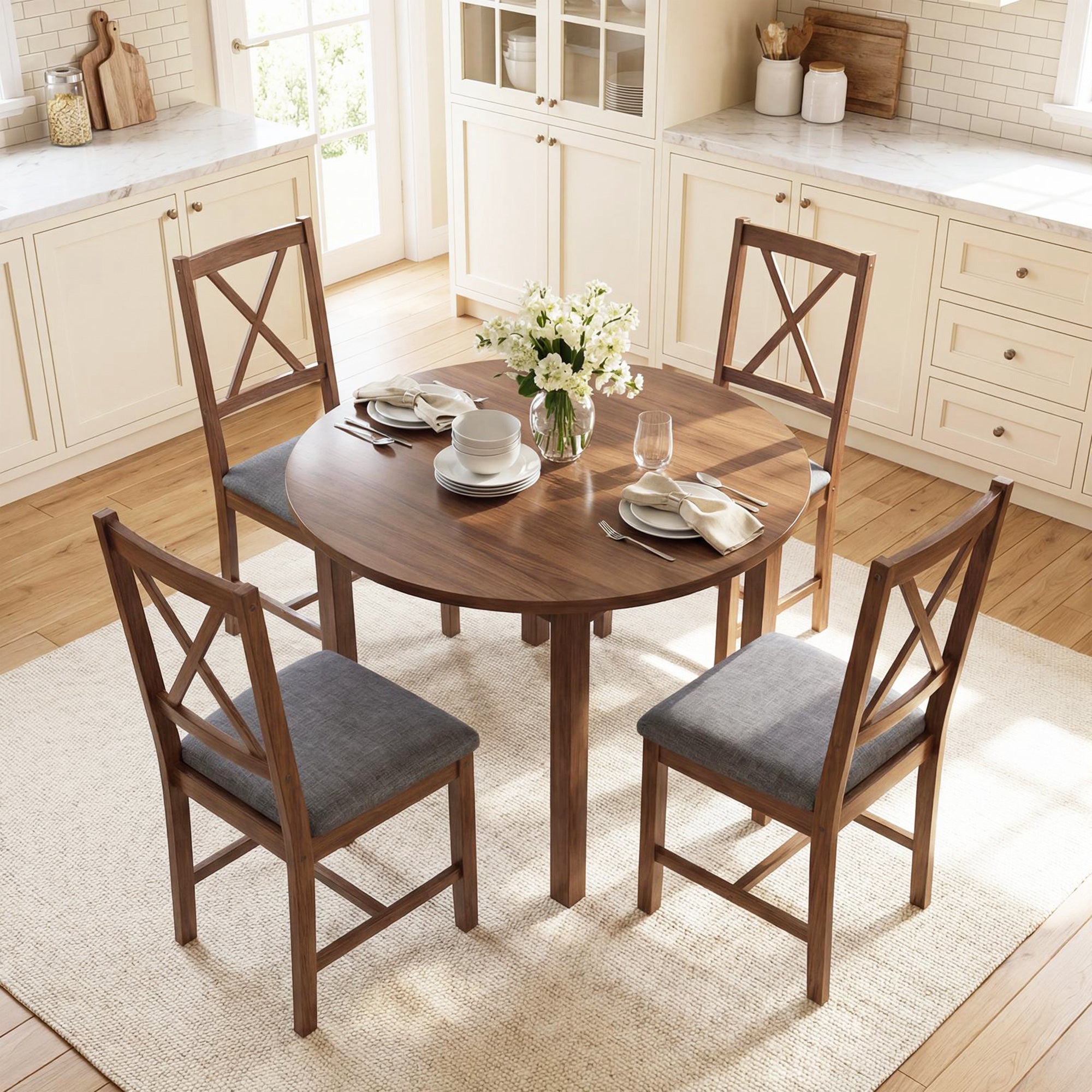 Farmhouse Wooden Dining Chairs Set of 2, Upholstered X-Back Kitchen Chairs with Rubberwood Legs and Padded Seat for Dining Room, Living Room, Gray