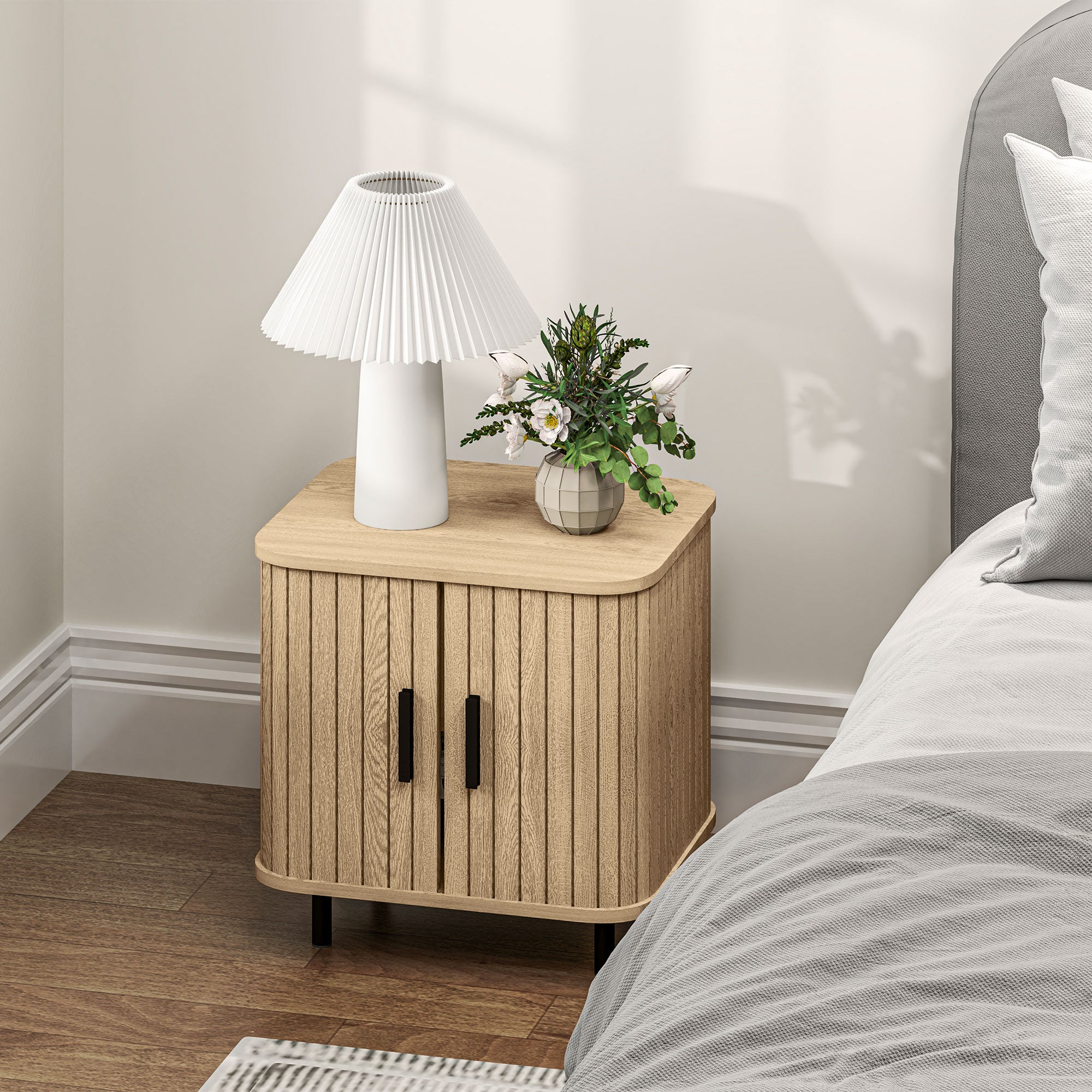 HOMCOM Bedside Table, Nordic Side Table with Roller Shutter Style Sliding Doors and Metal Legs for Bedroom, Living Room, Oak Tone