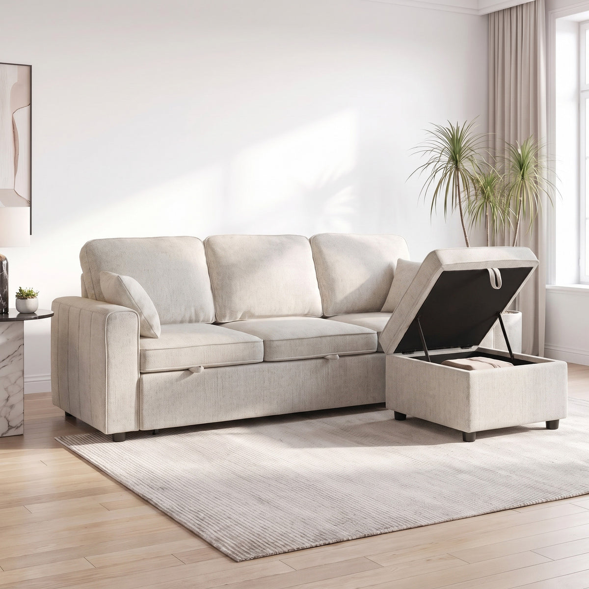 Modular Sectional Sofa Bed with Reversible Storage Ottoman, Chenille Pull Out Sleeper Sofa with Spring Cushion, Wide and Deep Seat, 3 Seater Couch for Living Room, Beige
