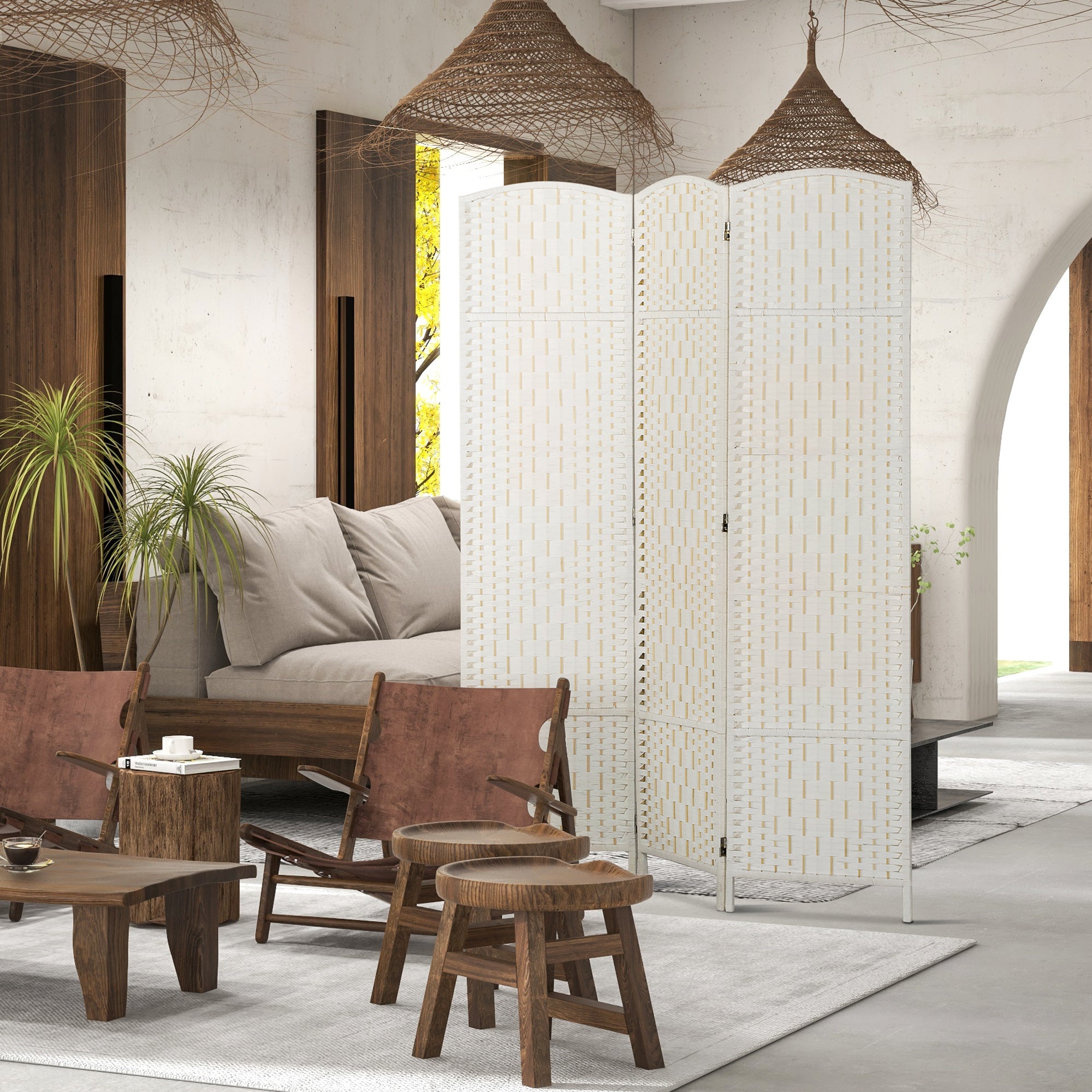 3 Panels Room Divider, 6 Ft Tall Indoor Portable Folding Privacy Screens, Hand-Woven Double Hinged Freestanding Partition Wall Divider for Home Office, Natural