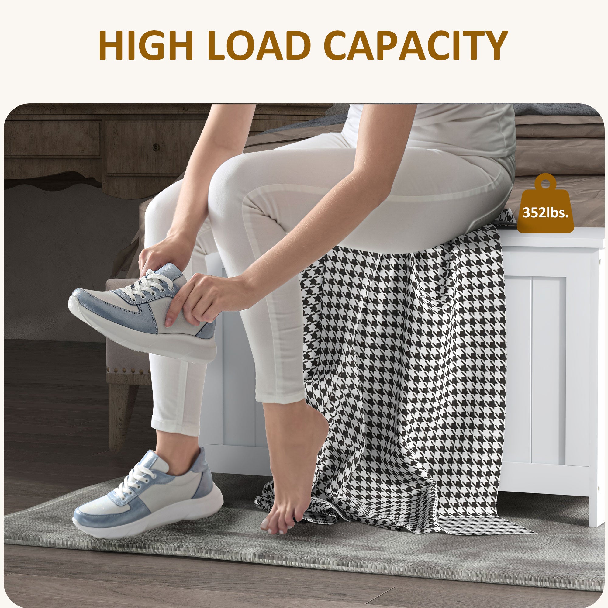 29.9" Storage Trunk w/ 2 Safety Hinges, Wooden Bench w/ Side Handles, White