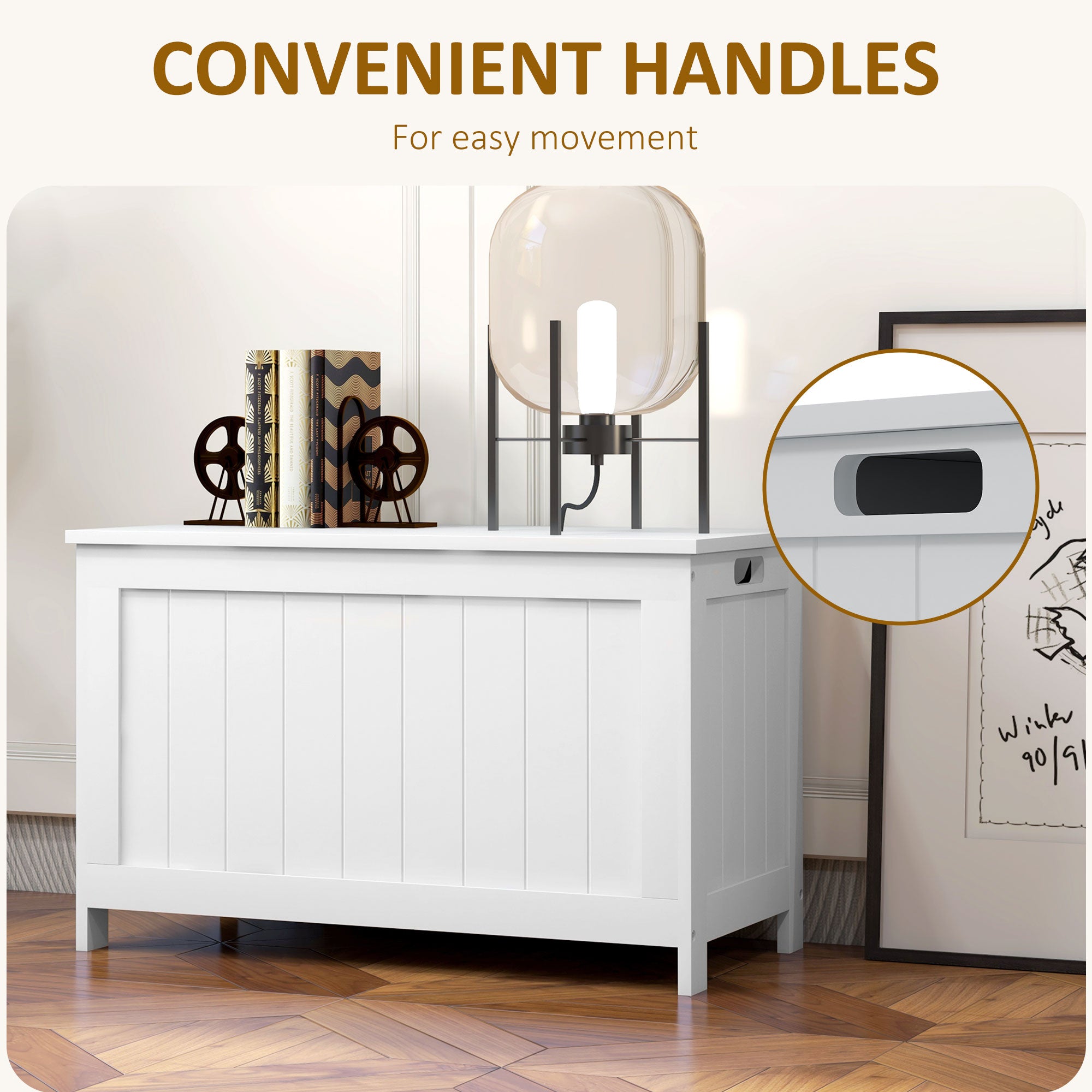 29.9" Storage Trunk w/ 2 Safety Hinges, Wooden Bench w/ Side Handles, White