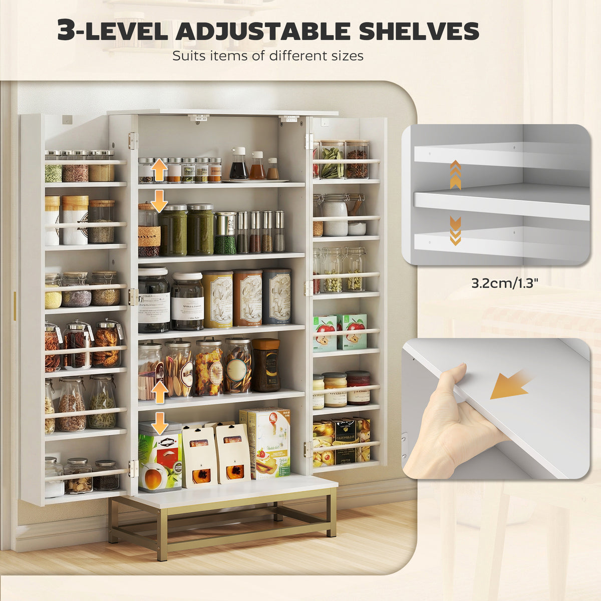 47" Kitchen Pantry Cabinet, Modern Freestanding Buffet Storage Cabinet with 12 Door Shelves, Adjustable Shelves and Beadboard Doors, White