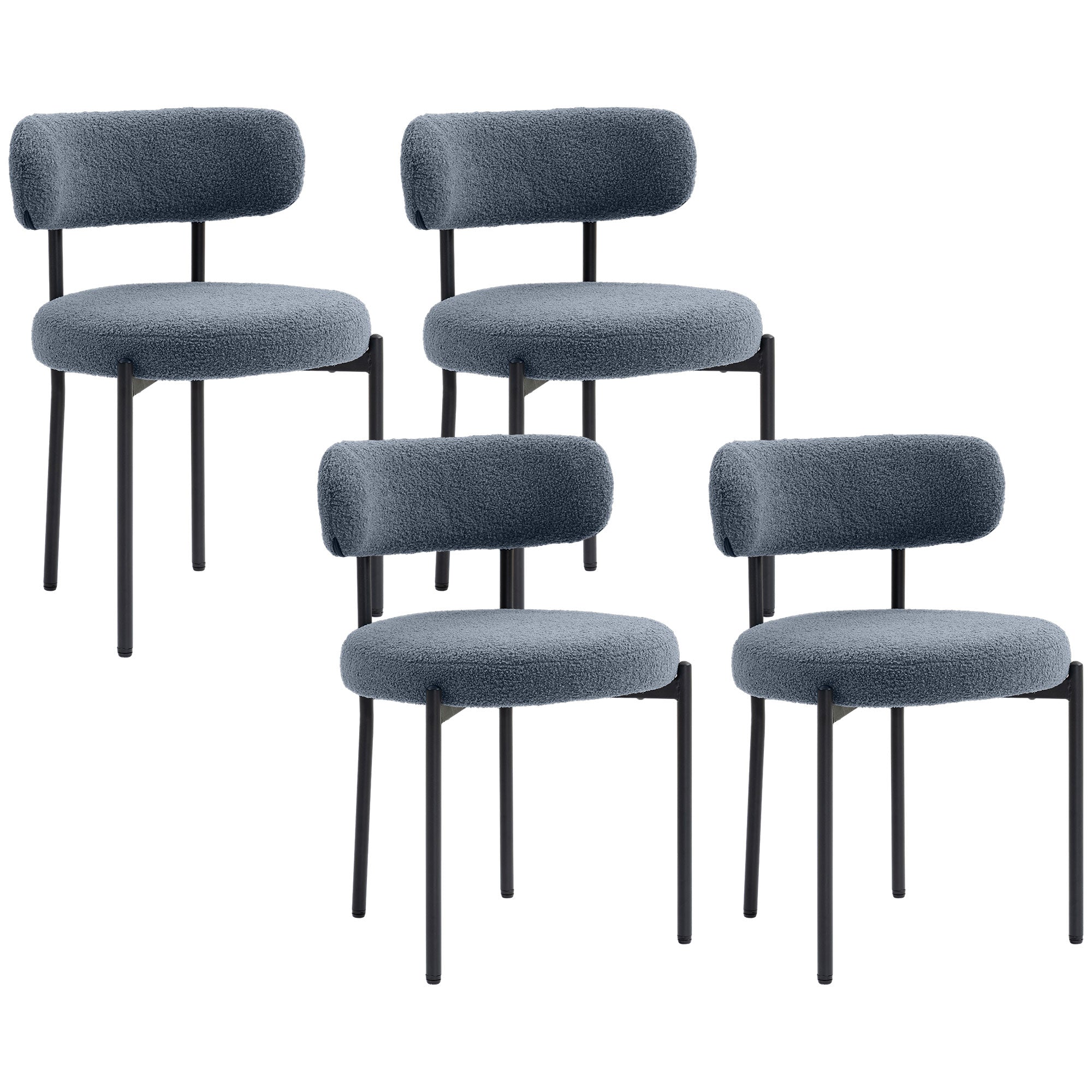 Boucle Dining Chairs Set of 4, Round Modern Upholstered Kitchen Chairs with Curved Backrest, Thick Cushion and Steel Legs for Dining Room, Gray