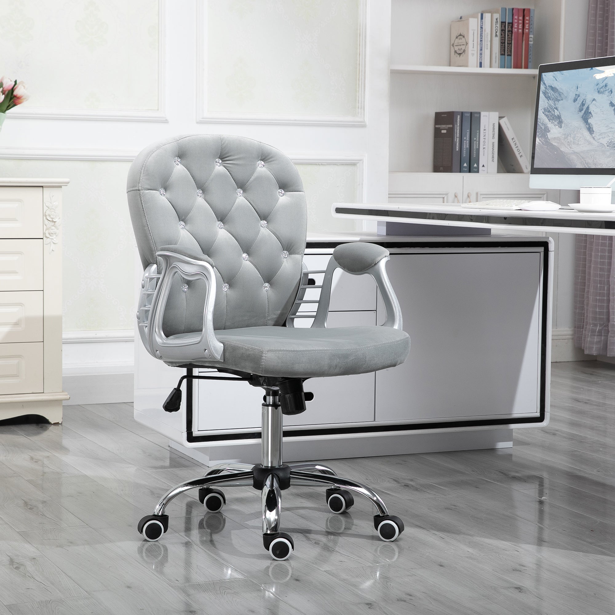 Button Tufted Desk Chair with Padded Armrests, Adjustable Height & Swivel Wheels, Gray