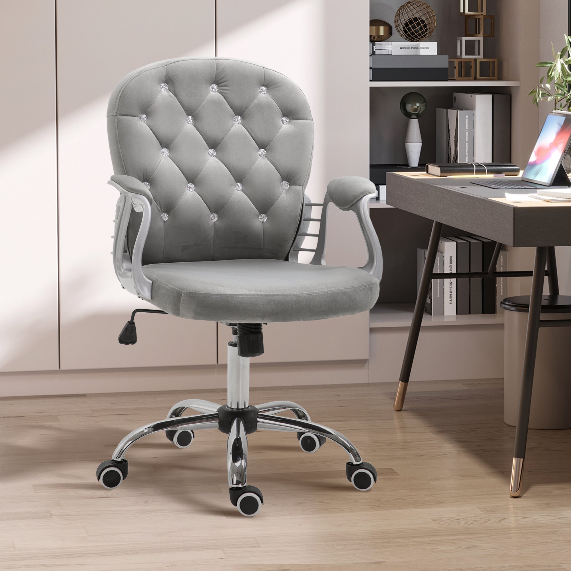 Button Tufted Desk Chair with Padded Armrests, Adjustable Height & Swivel Wheels, Gray