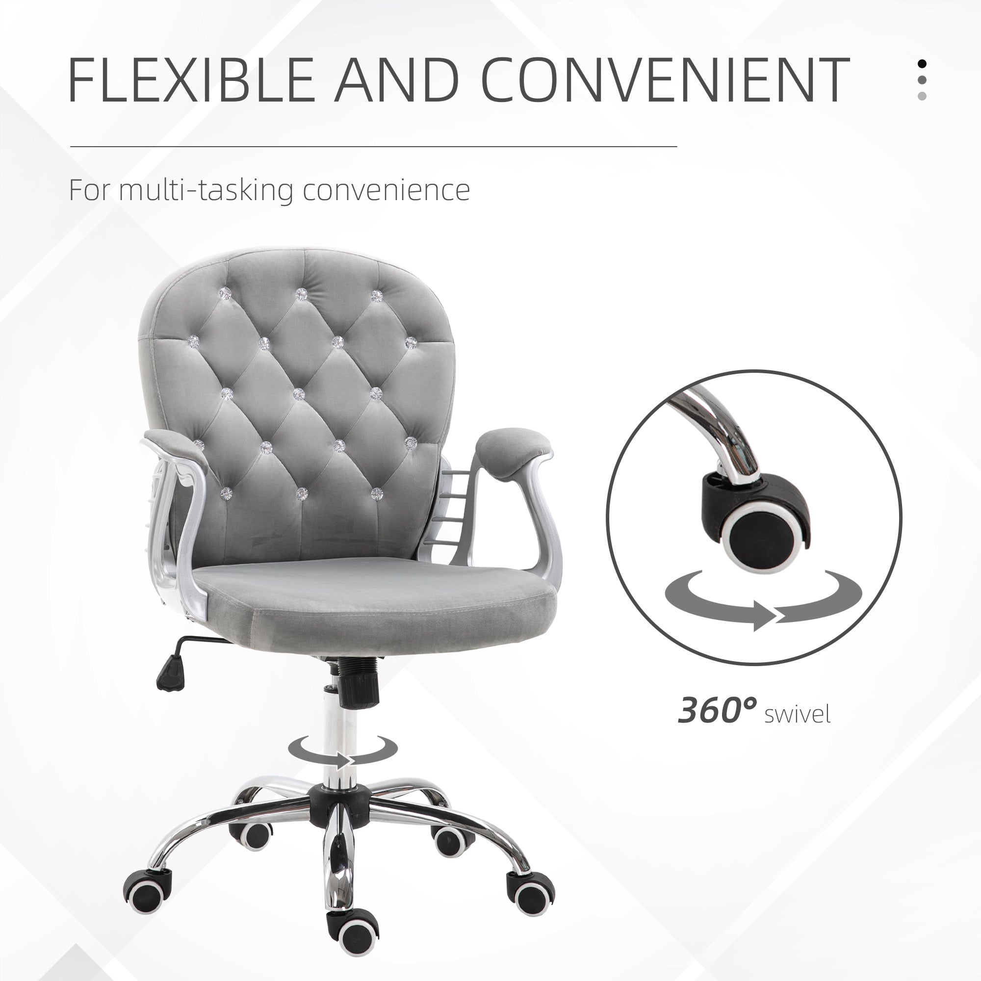 Button Tufted Desk Chair with Padded Armrests, Adjustable Height & Swivel Wheels, Gray