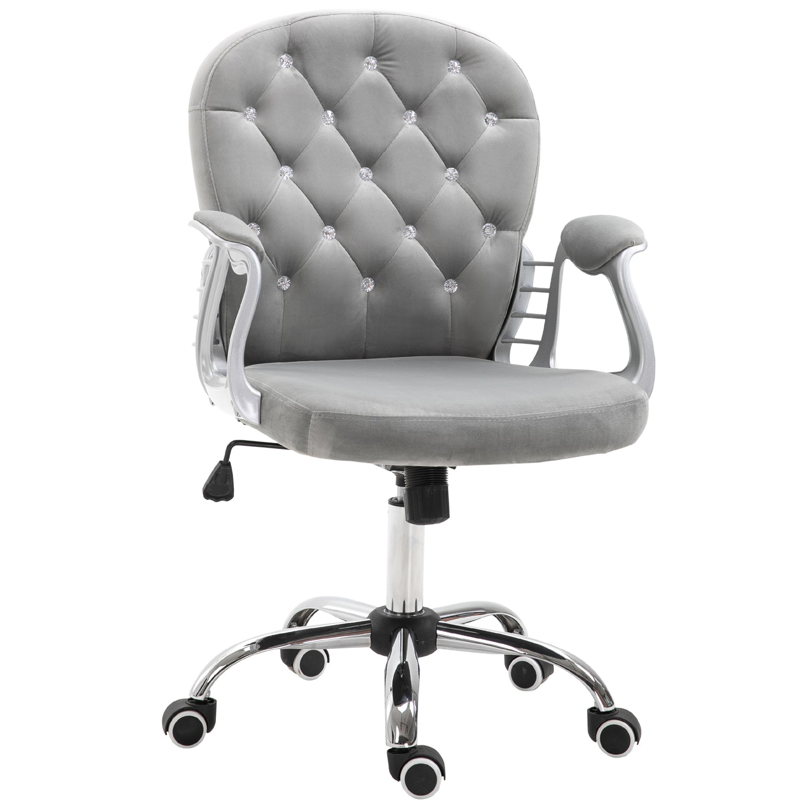 Button Tufted Desk Chair with Padded Armrests, Adjustable Height & Swivel Wheels, Gray