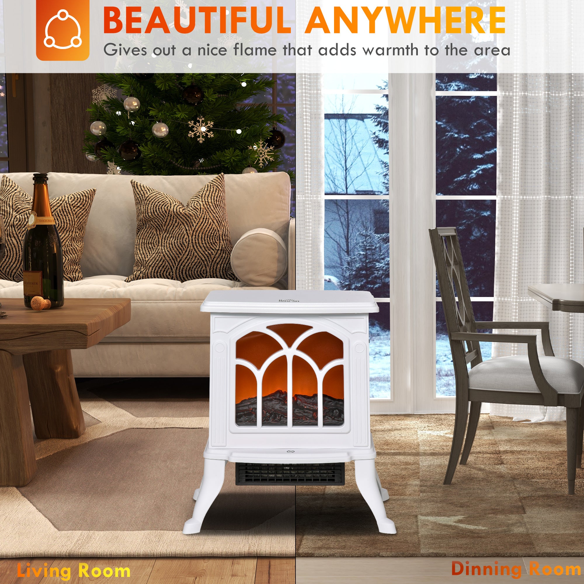 30" Freestanding Electric Fireplace Heater with Flame Effect Effect, 750W/1500W, White