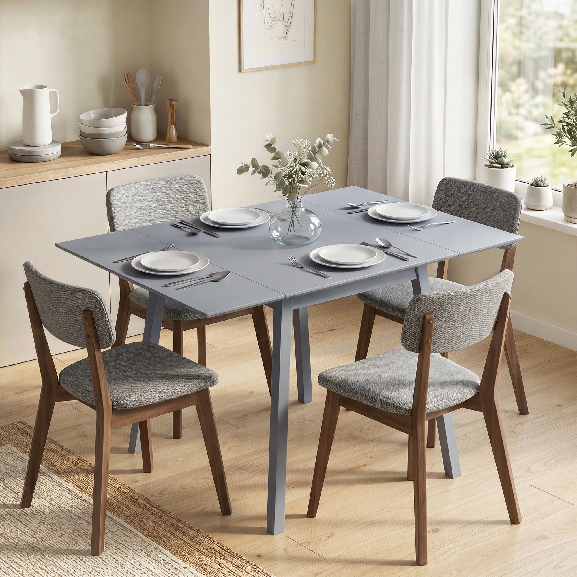 Solid Wood Folding Dining Table, Drop Leaf Table for 2-4 People, Rectangle Kitchen Table for Small Space, Grey