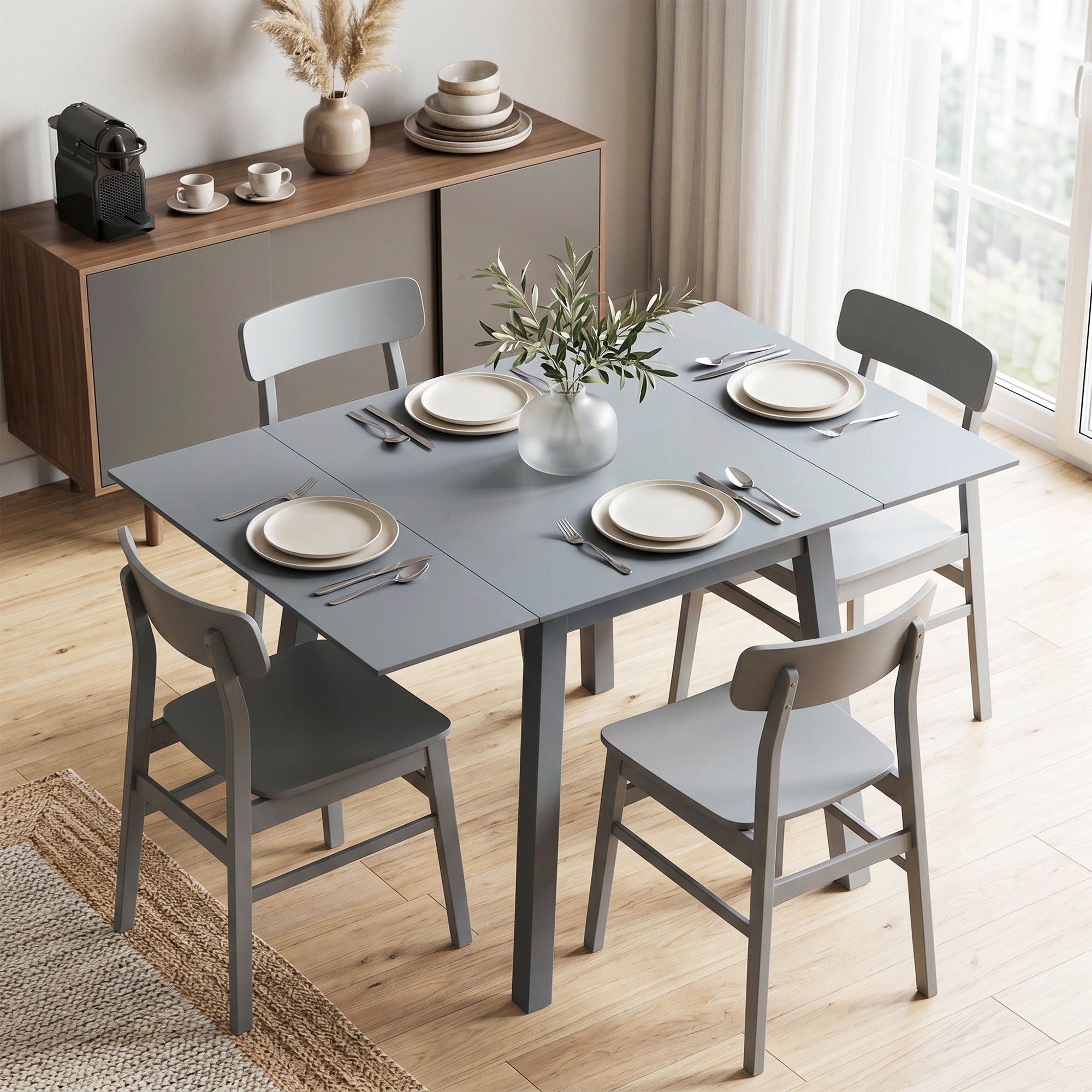 Solid Wood Folding Dining Table, Drop Leaf Table for 2-4 People, Rectangle Kitchen Table for Small Space, Grey