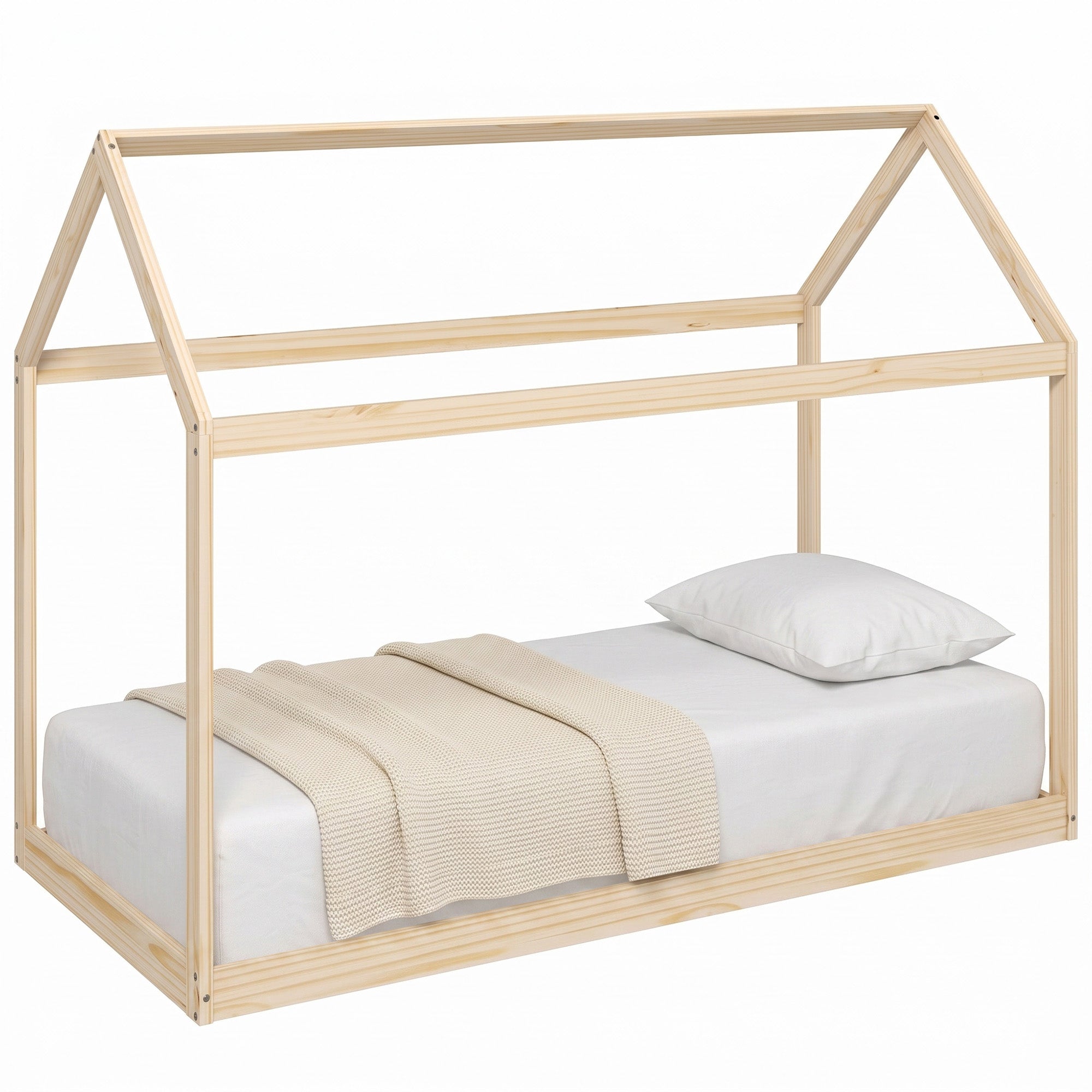 Single Bed Frame, House Scandinavian Style Wooden Bed Frame for 90W x 190Dcm Mattress, Pine Wood Bed Base, Natural Wood Finish