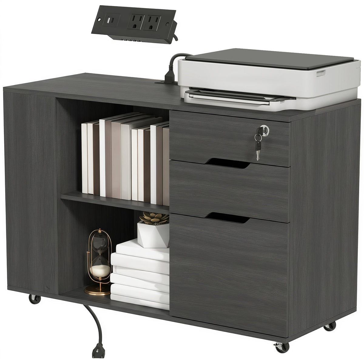 Lateral File Cabinet with Power Outlets, Drawers, Mobile Filing Cabinets, Cubbies, Shelves, Home Office Printer Stand, for A4, Letter Files, Home Office, Black Wood Grain
