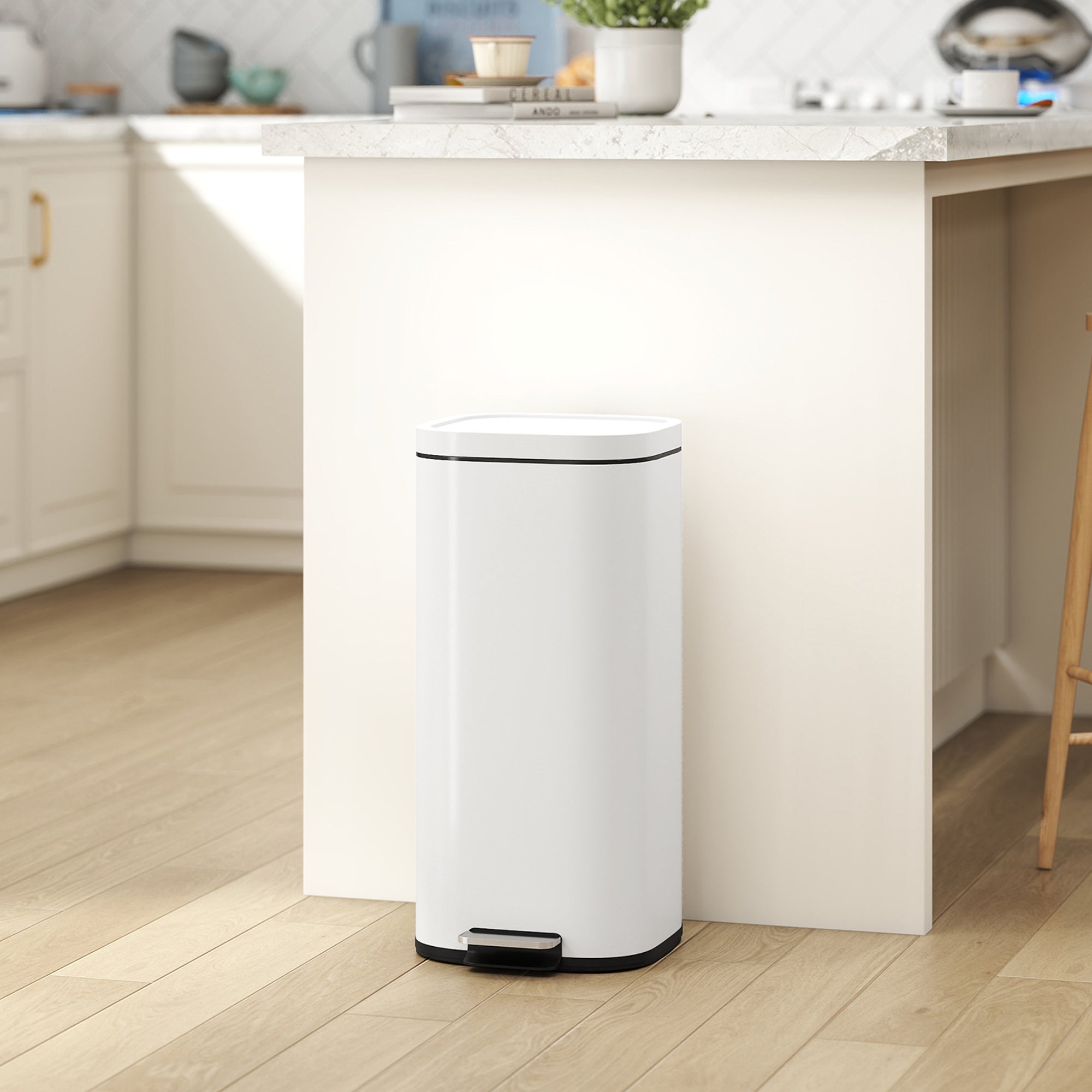 30L Kitchen Bin with Lid, Compact Pedal Bin with Soft-Close and Stay-Open Lid, Removable Inner Bucket, Fingerprint-Resistant for Kitchen, Home, Office, Bedroom, Cream White