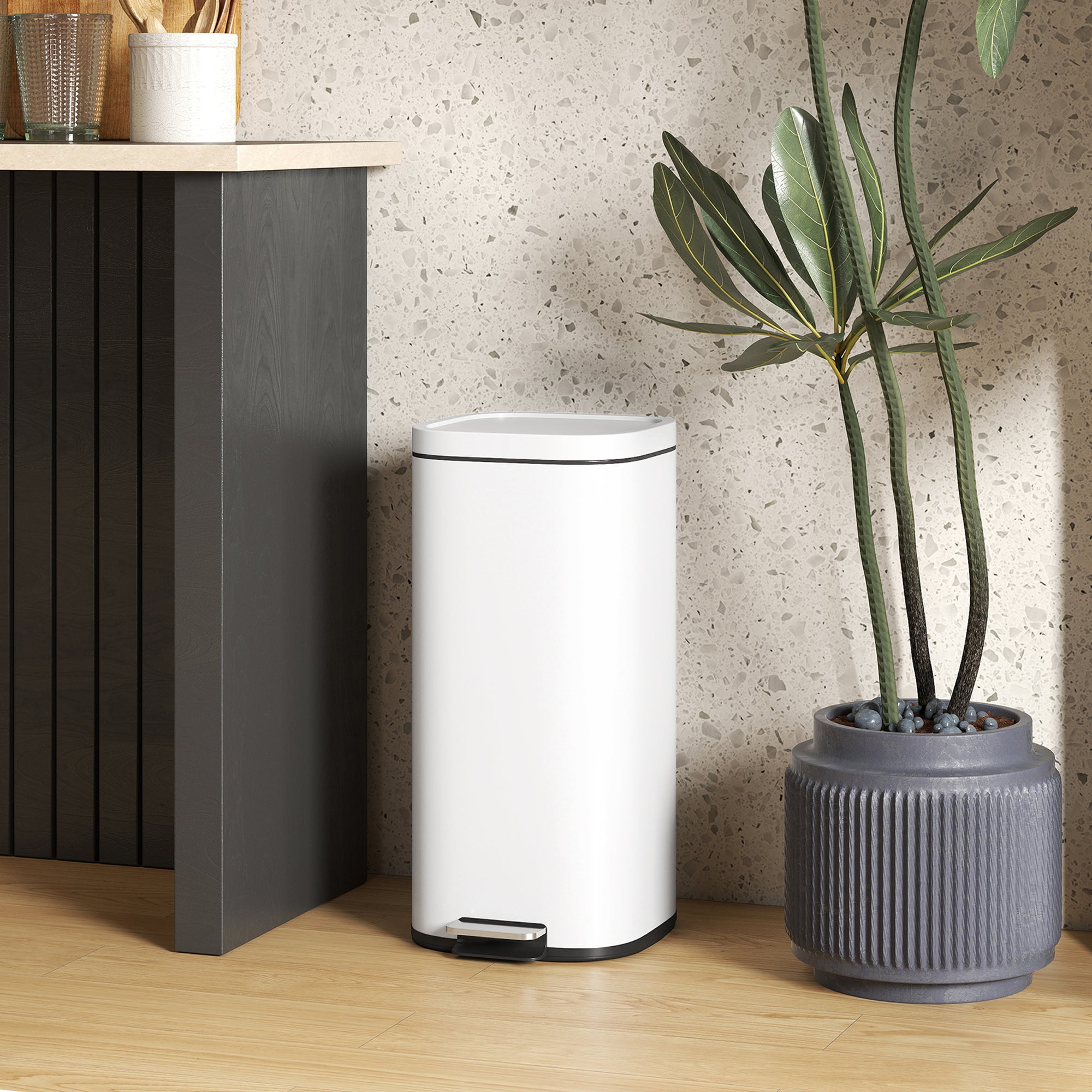 30L Kitchen Bin with Lid, Compact Pedal Bin with Soft-Close and Stay-Open Lid, Removable Inner Bucket, Fingerprint-Resistant for Kitchen, Home, Office, Bedroom, Cream White