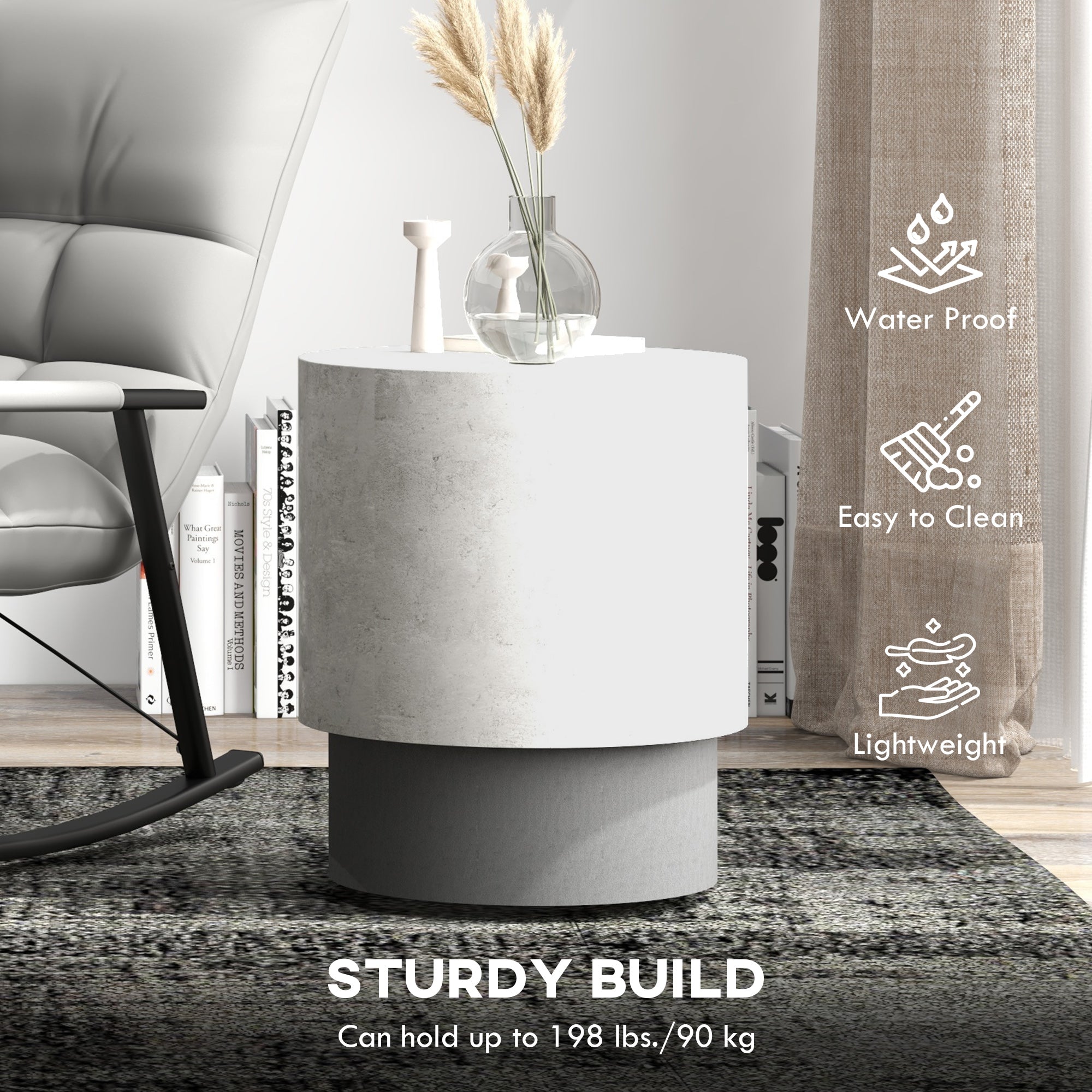 Lightweight Round Accent Table with Concrete Finish & 4 Adjustable Feet, Gray