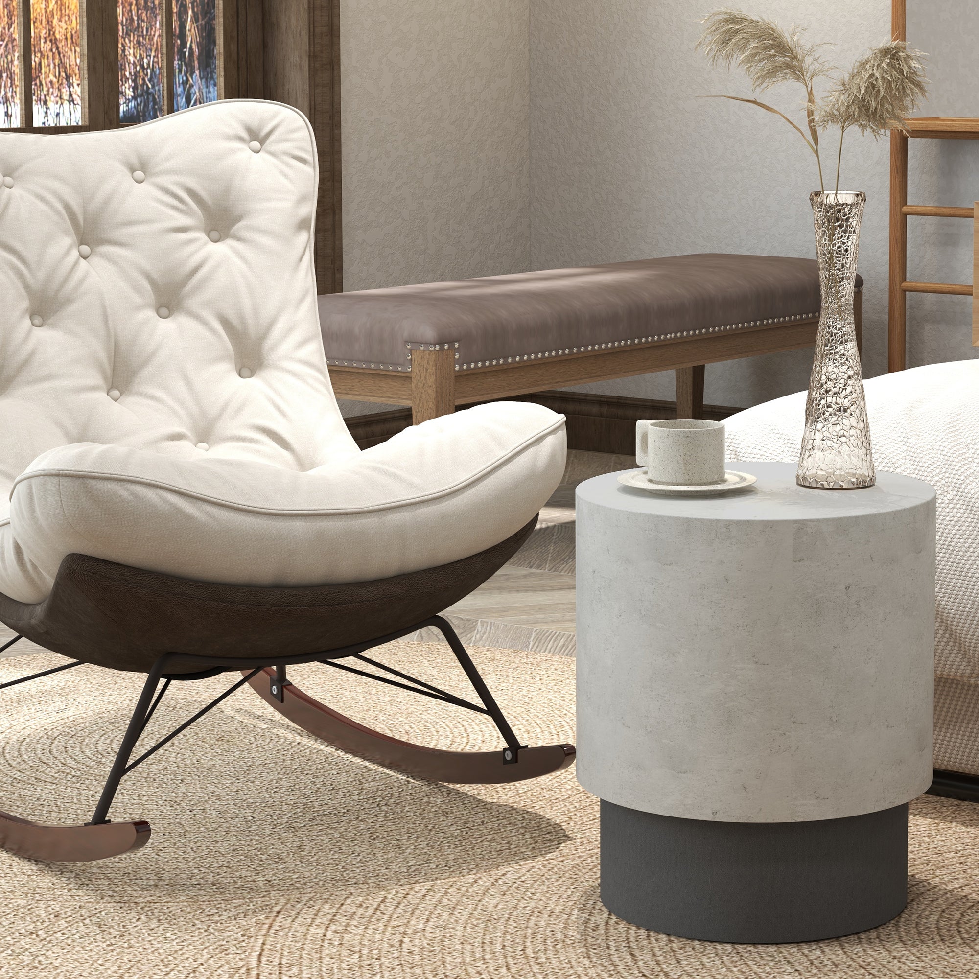 Lightweight Round Accent Table with Concrete Finish & 4 Adjustable Feet, Gray
