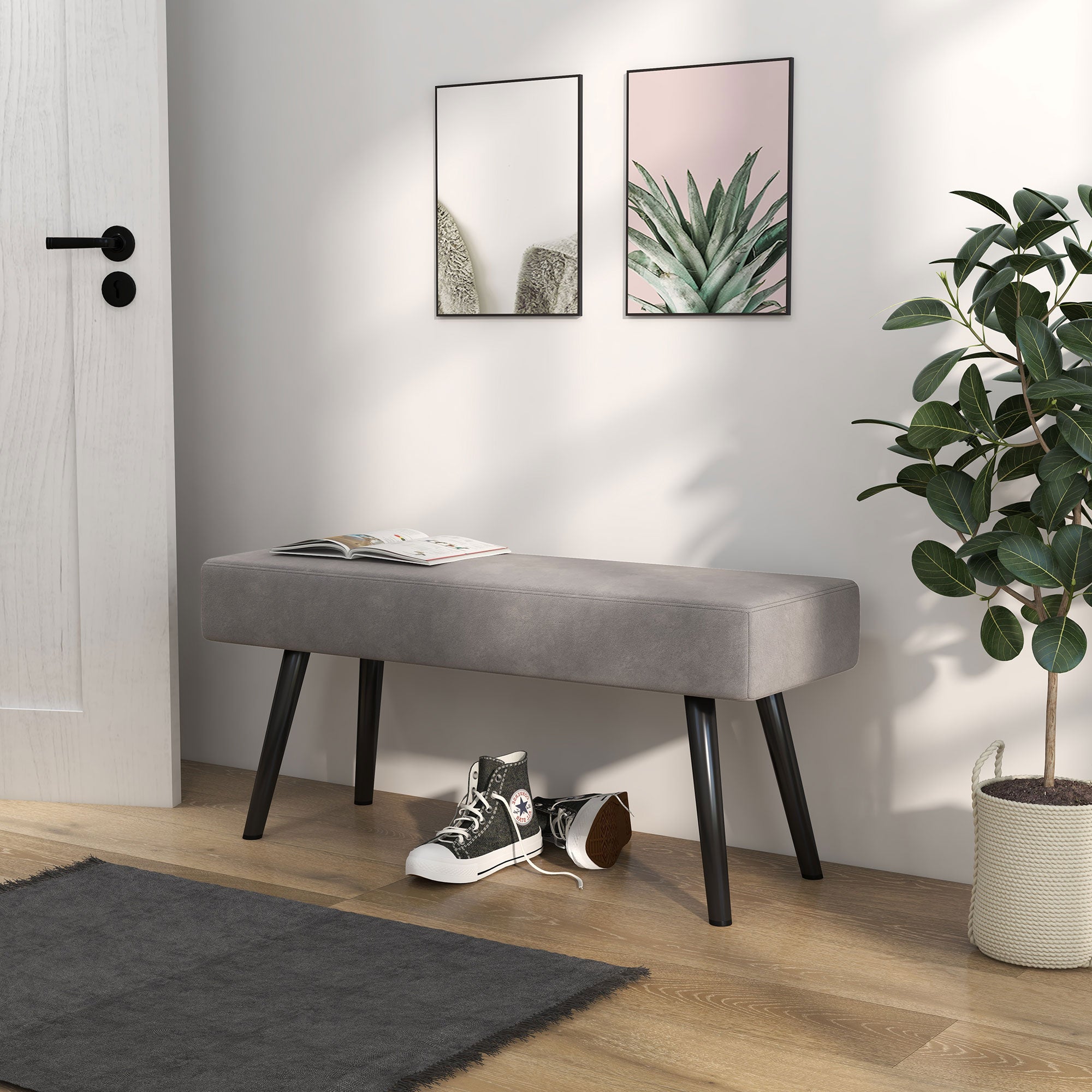 39 Inches Upholstered Bedroom Bench, Modern End of Bed Bench with Steel Legs, Gray