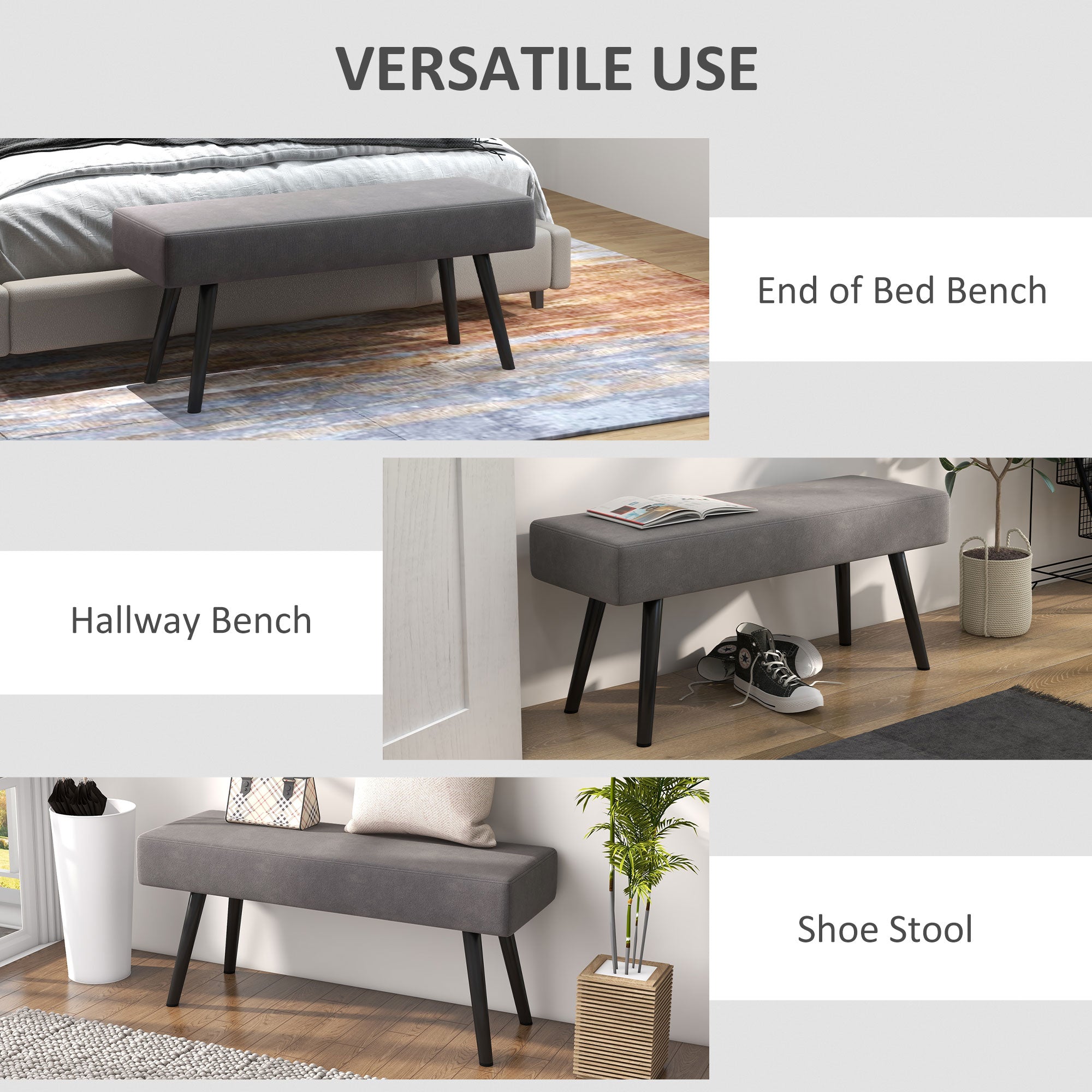 39 Inches Upholstered Bedroom Bench, Modern End of Bed Bench with Steel Legs, Gray