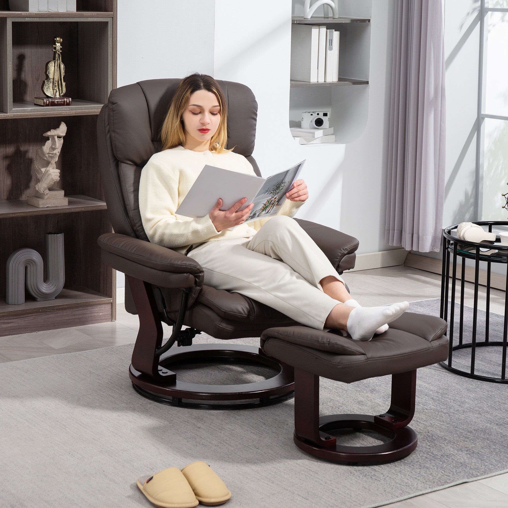 Swivel Recliner Chair with Ottoman, PU Leather Recliner with Adjustable Backrest, Footrest, Wood Base, Upholstered Reclining Chair for Living Room, Bedroom, Office, Dark Brown