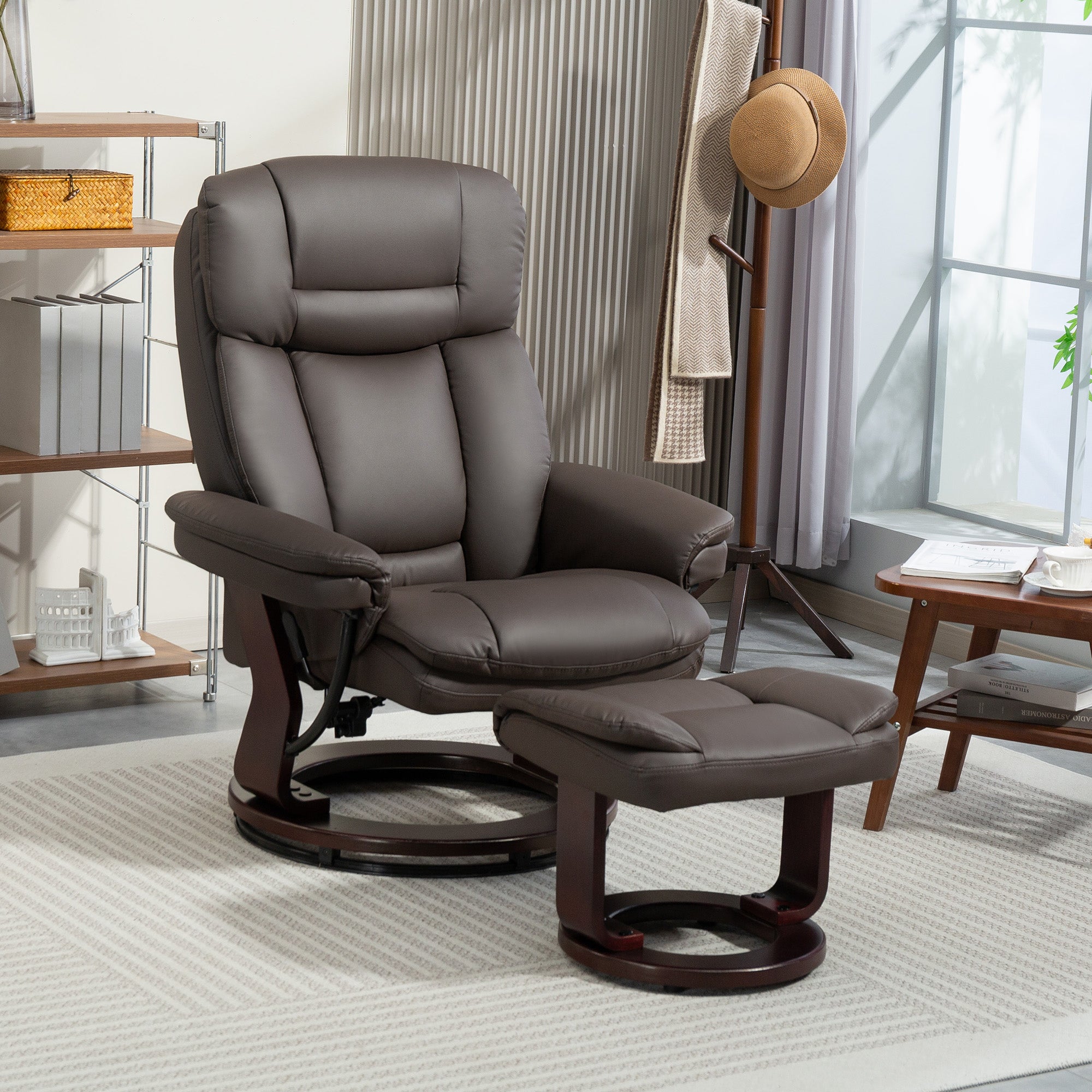 Swivel Recliner Chair with Ottoman, PU Leather Recliner with Adjustable Backrest, Footrest, Wood Base, Upholstered Reclining Chair for Living Room, Bedroom, Office, Dark Brown