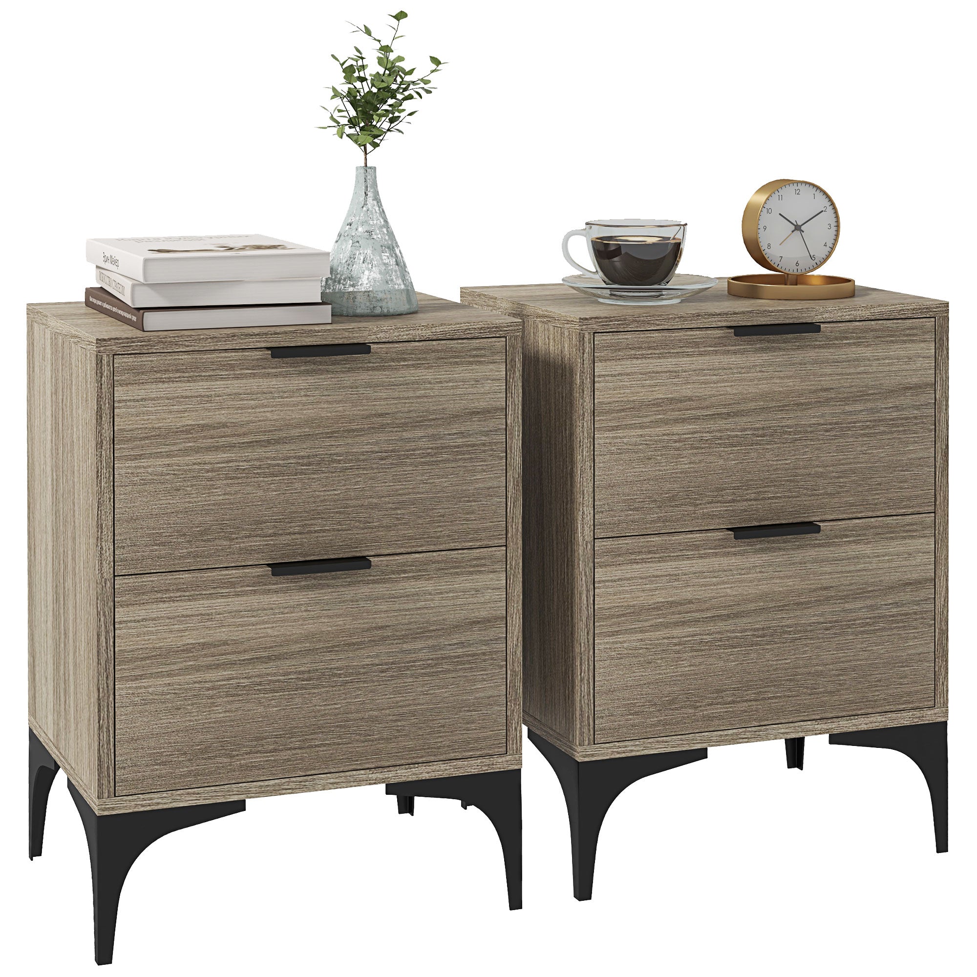 HOMCOM Bedside Tables Set of 2, Modern Nightstand with 2 Drawers, Small Sofa End Tables with Storage and Steel Legs for Bedroom, Living Room, Grey