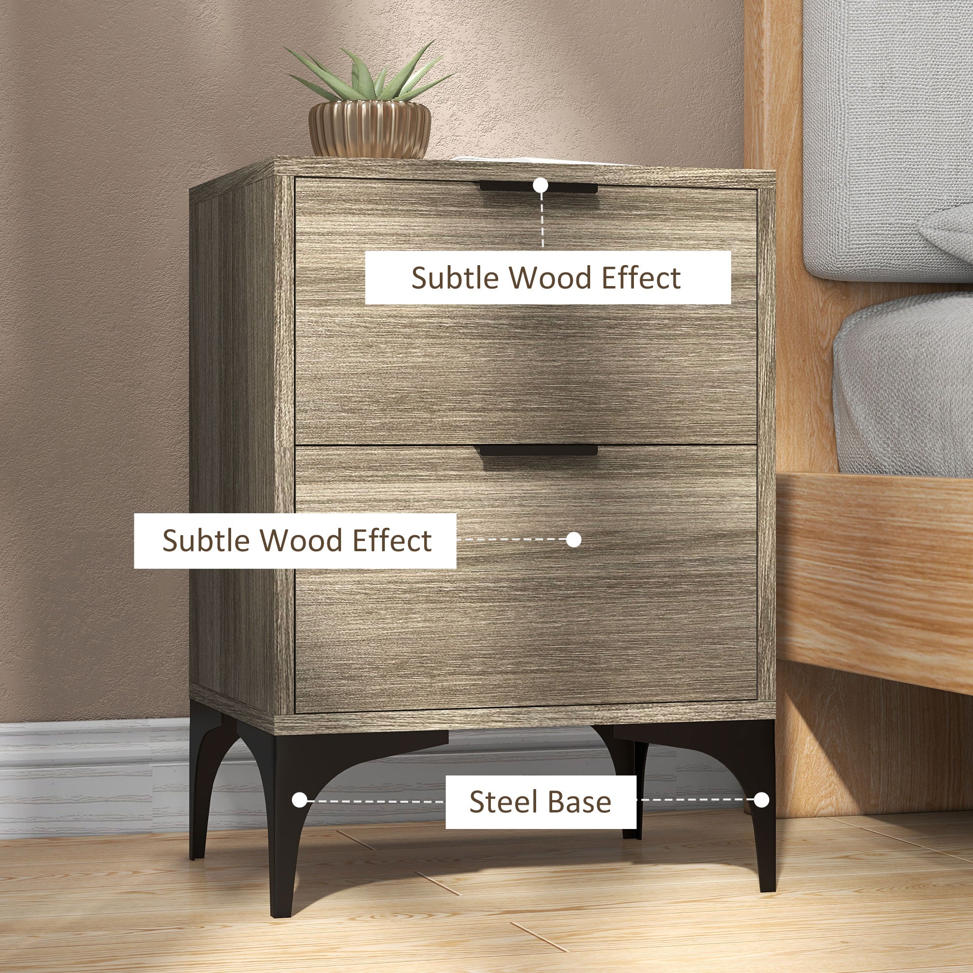 HOMCOM Bedside Tables Set of 2, Modern Nightstand with 2 Drawers, Small Sofa End Tables with Storage and Steel Legs for Bedroom, Living Room, Grey