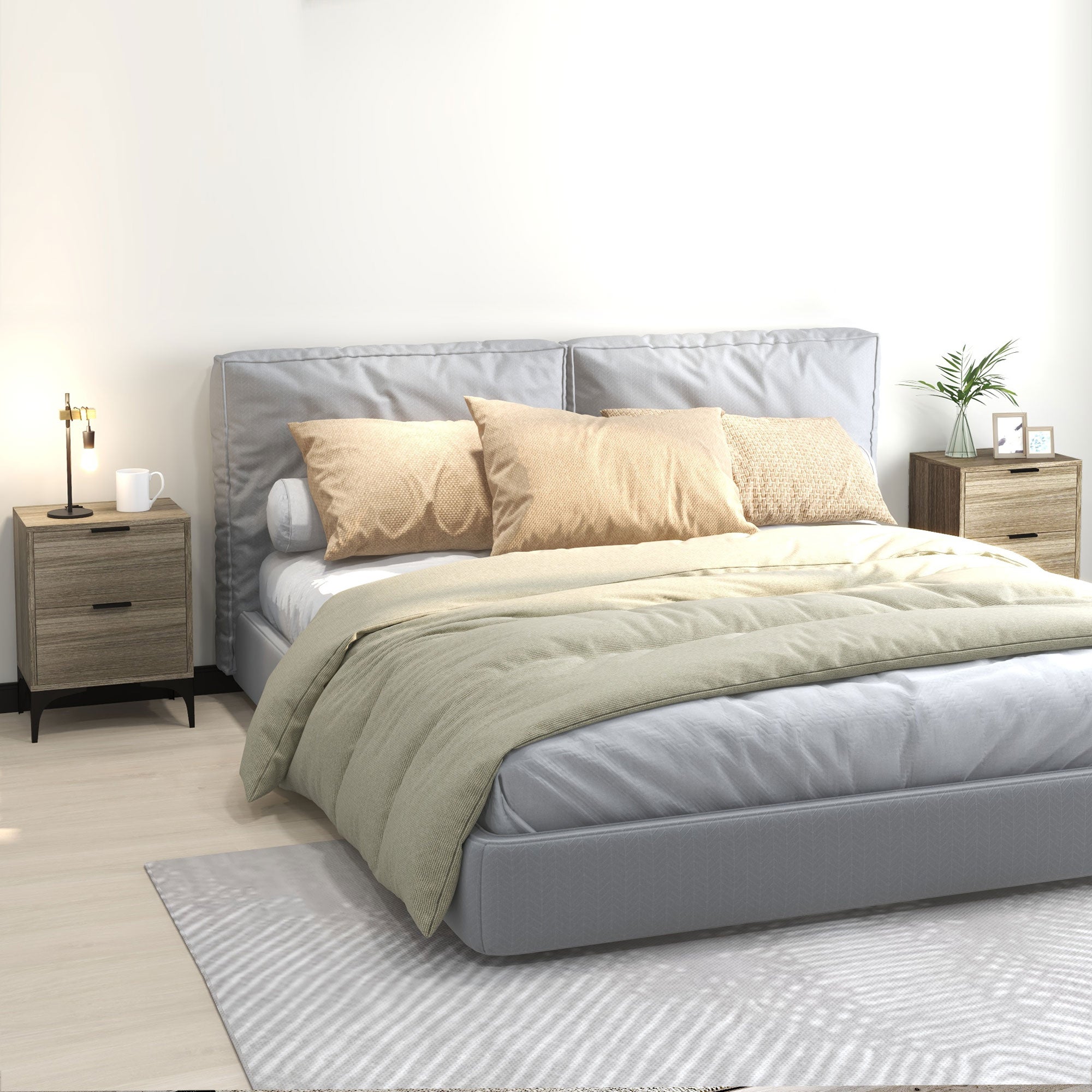 HOMCOM Bedside Tables Set of 2, Modern Nightstand with 2 Drawers, Small Sofa End Tables with Storage and Steel Legs for Bedroom, Living Room, Grey