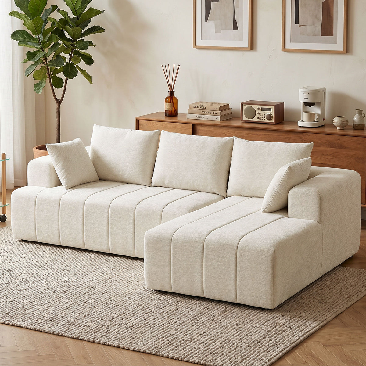 101" Modular Sectional Sofa with Chaise, Chenille Boneless Cloud Sofa Bed, 3 Seater L-Shaped Couch with Spring Cushion, Wide and Deep Seat, Wide Arms, No Assembly, Beige