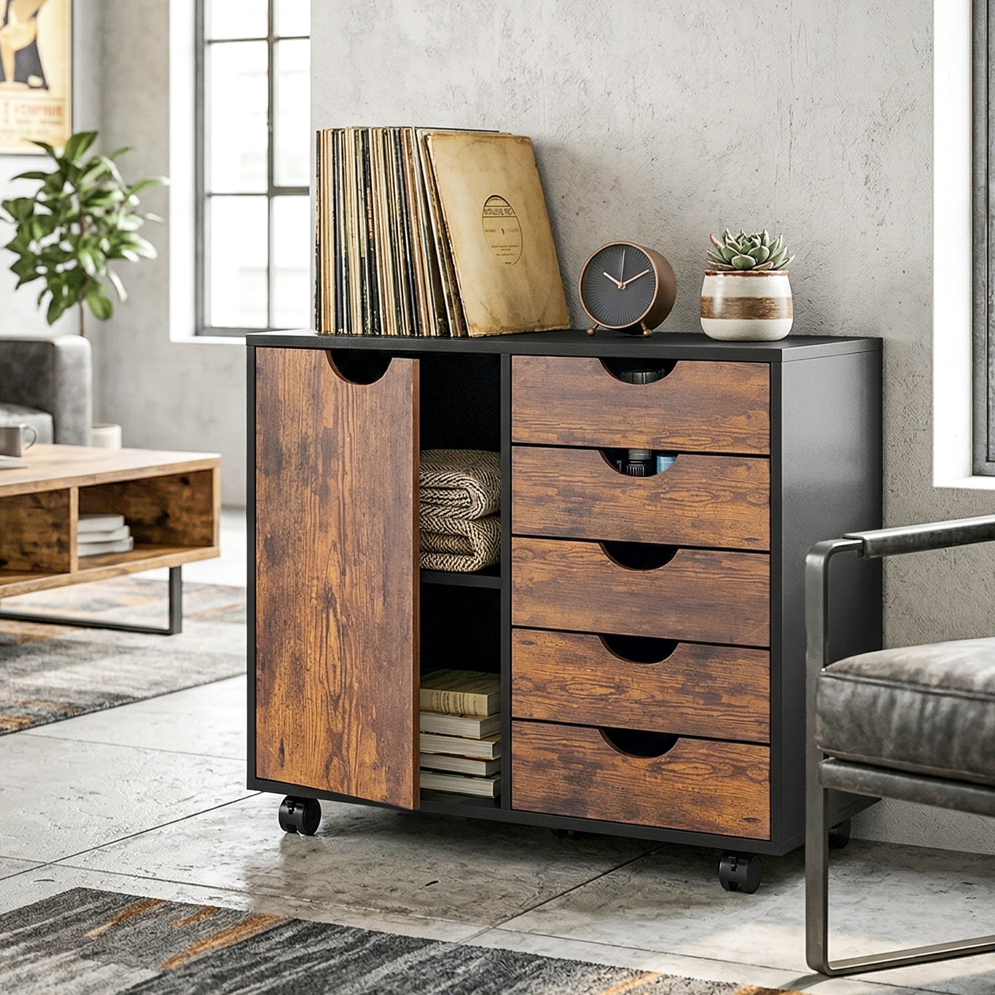 Lateral Office Storage Cabinet on Wheels, 5-Drawers Cabinet with Door and Adjustable Shelf for Home Office, Rustic Brown